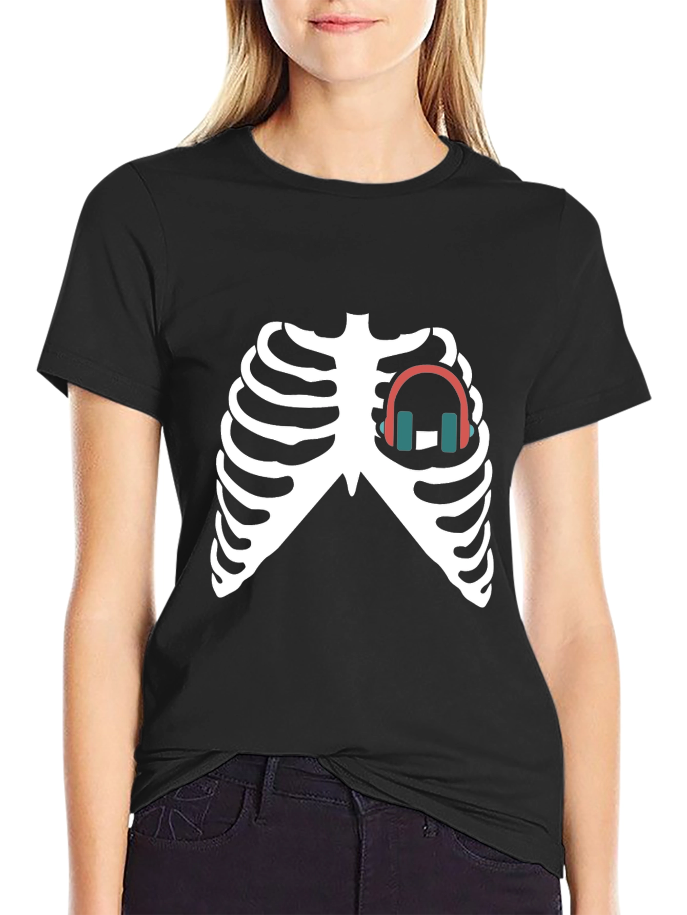 Skeleton Ribcage Headphones Graphic Tee - Black