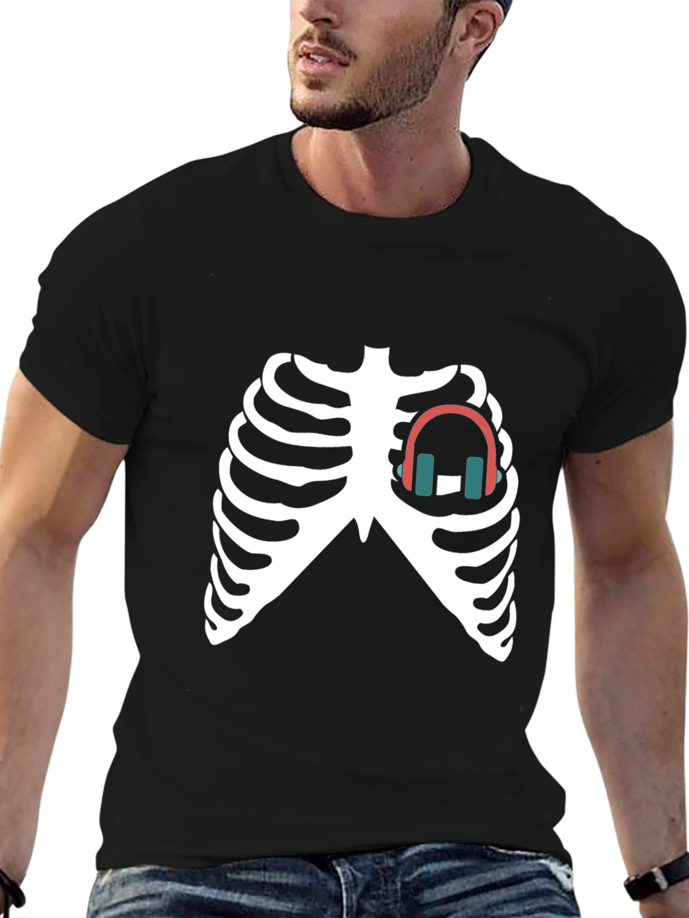 Skeleton Ribcage Headphones Graphic Tee - Black