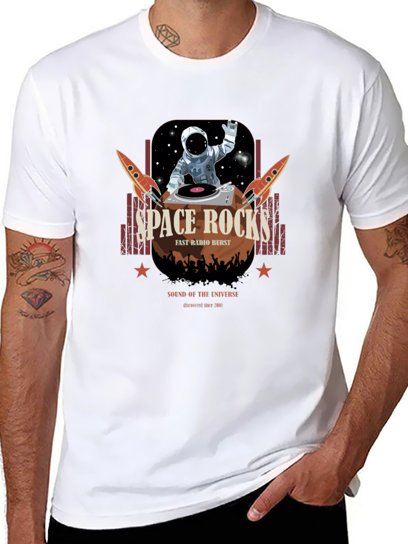 Space Rocks Graphic T-Shirt - Retro DJ Astronaut Design