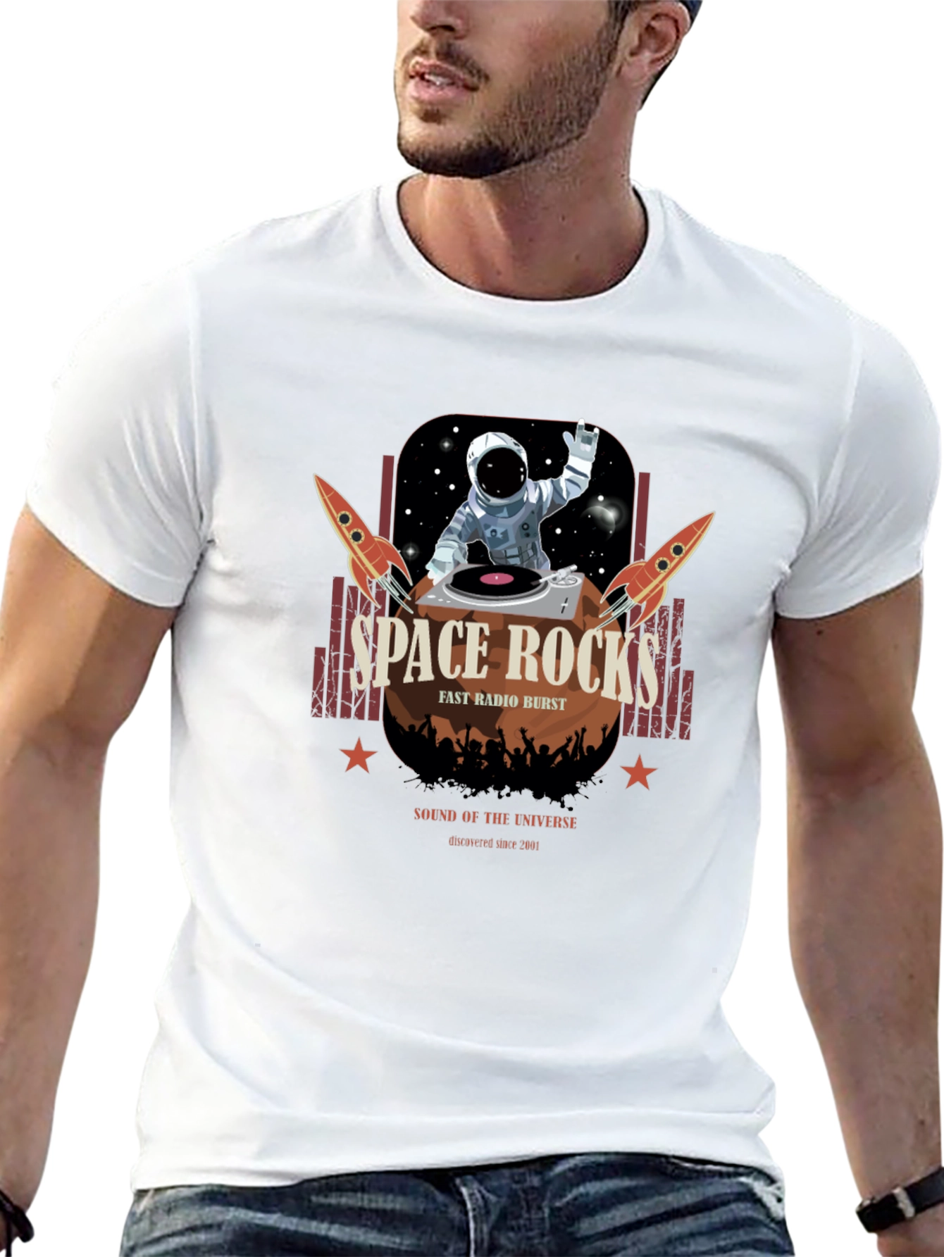 Space Rocks Graphic T-Shirt - Retro DJ Astronaut Design