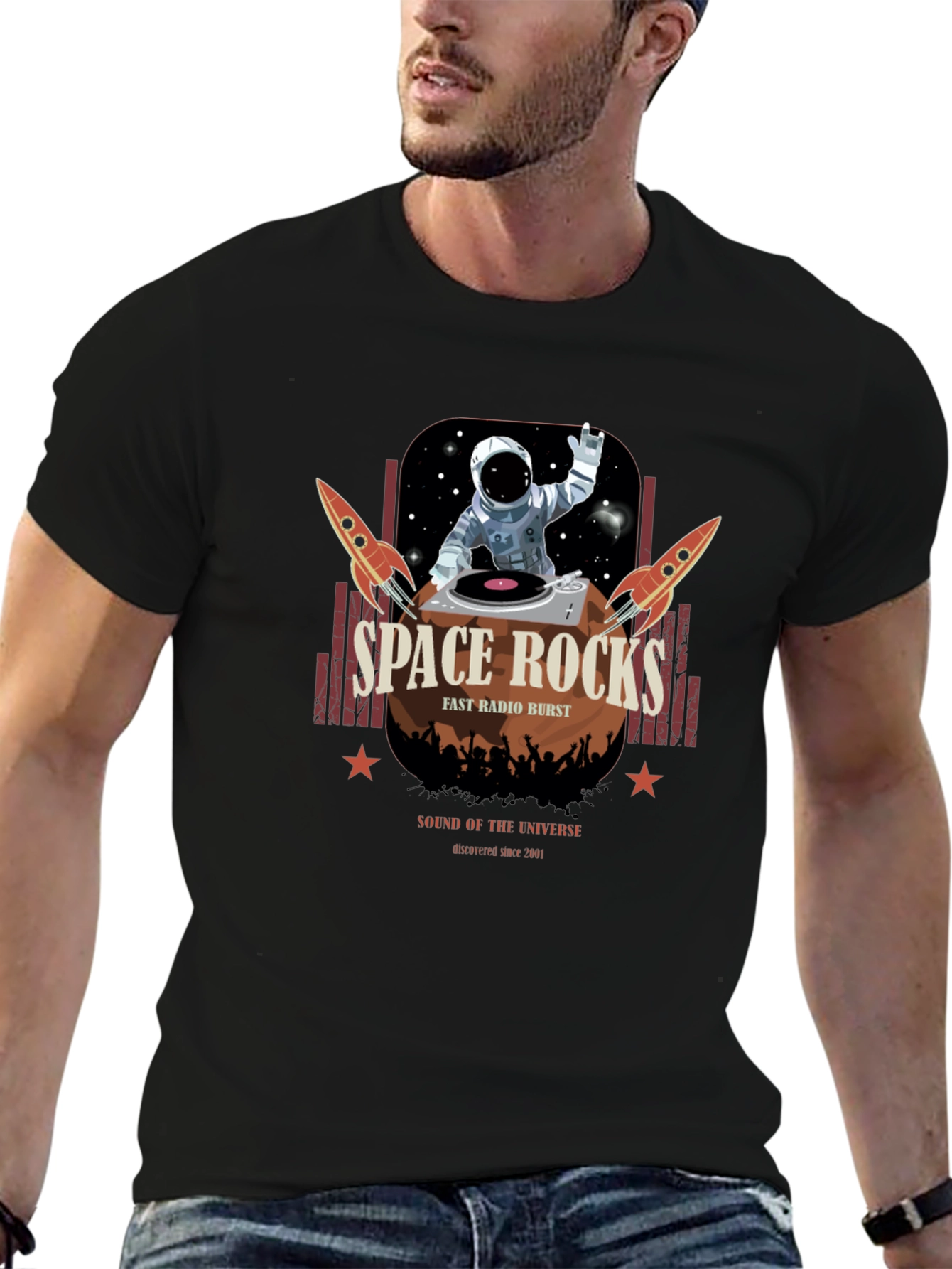 Space Rocks Graphic T-Shirt - Retro DJ Astronaut Design