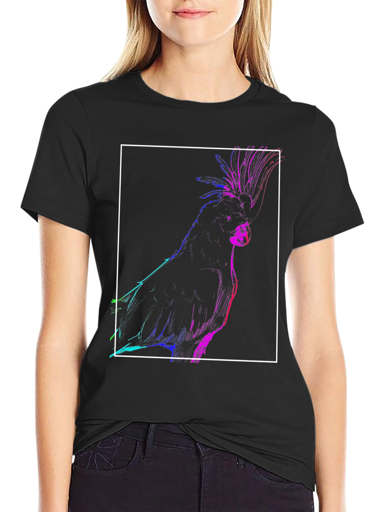 Neon Cockatoo Graphic Tee - Stylish Black T-Shirt