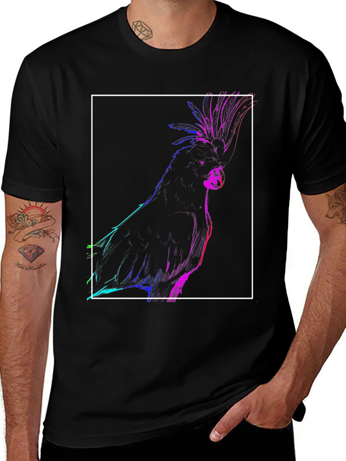 Neon Cockatoo Graphic Tee - Stylish Black T-Shirt