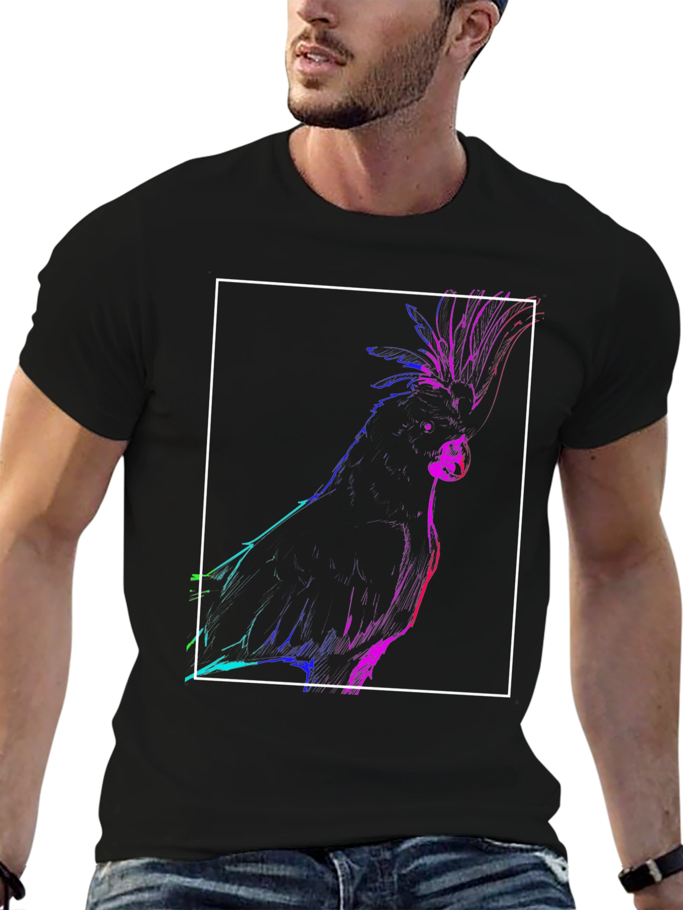 Neon Cockatoo Graphic Tee - Stylish Black T-Shirt
