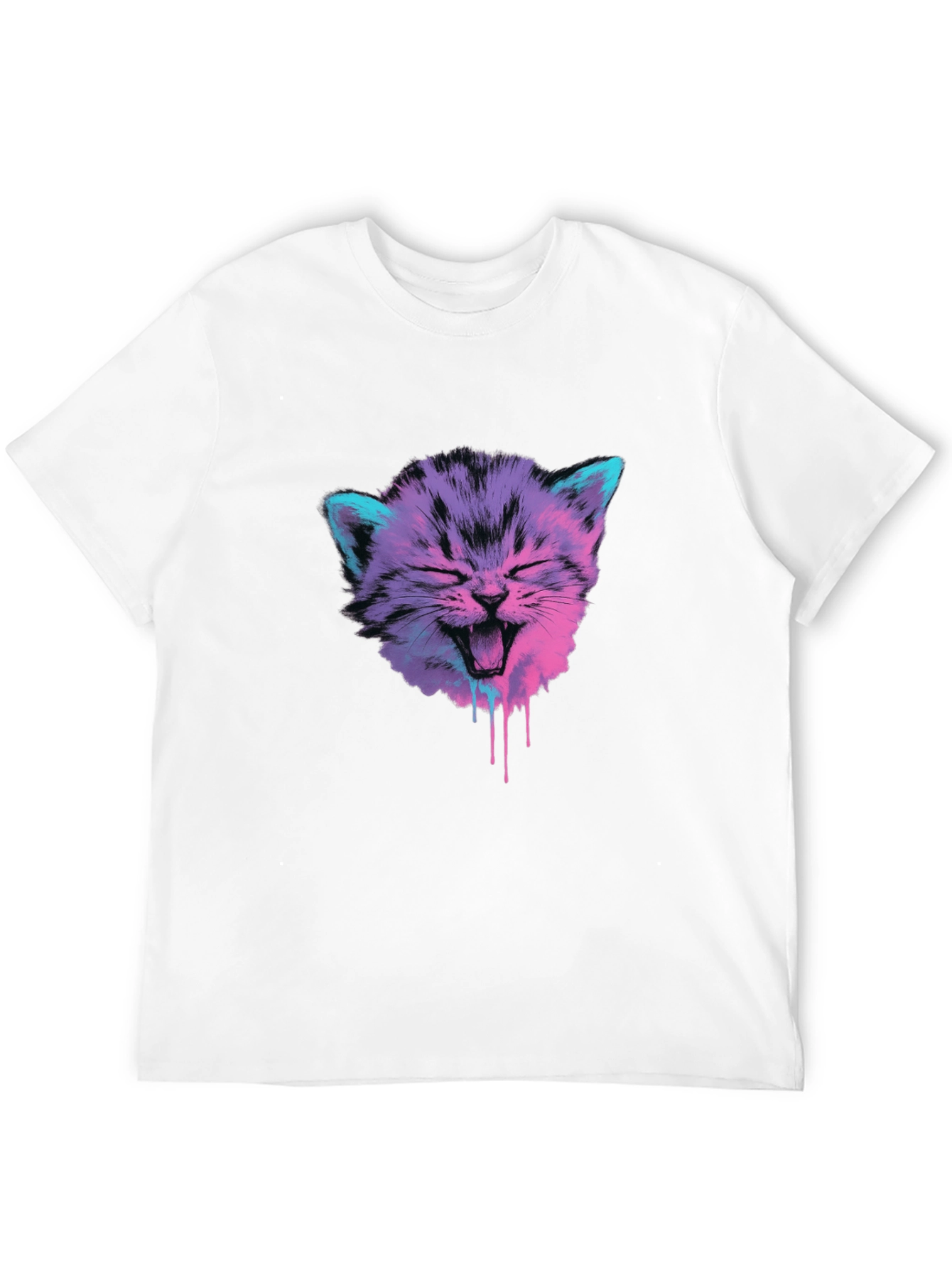 Vaporwave Cat Graphic Tee - Black Cotton Blend