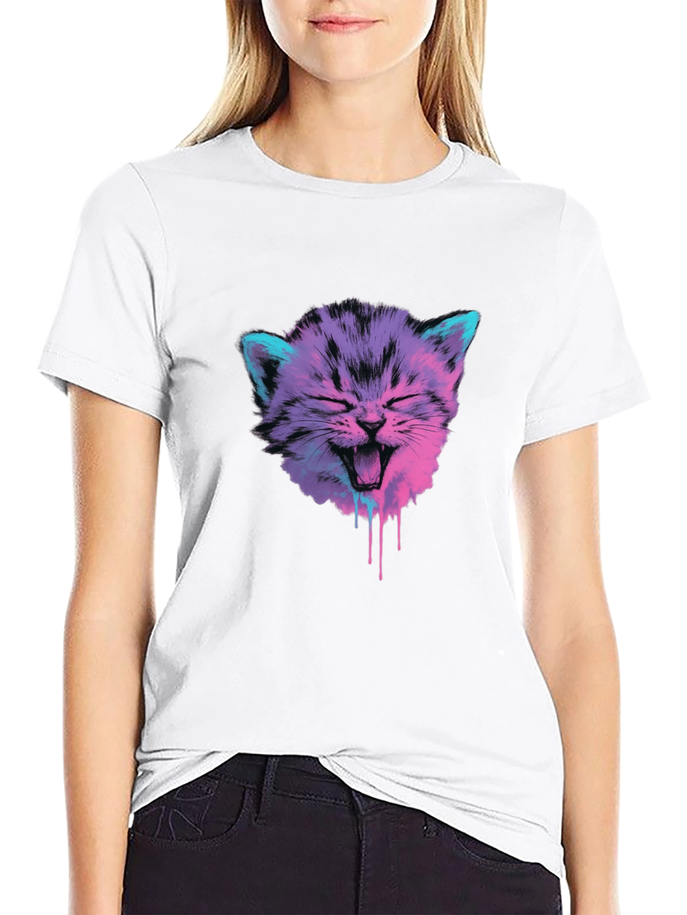 Vaporwave Cat Graphic Tee - Black Cotton Blend