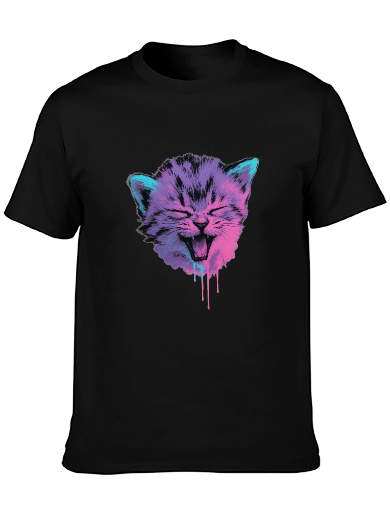 Vaporwave Cat Graphic Tee - Black Cotton Blend