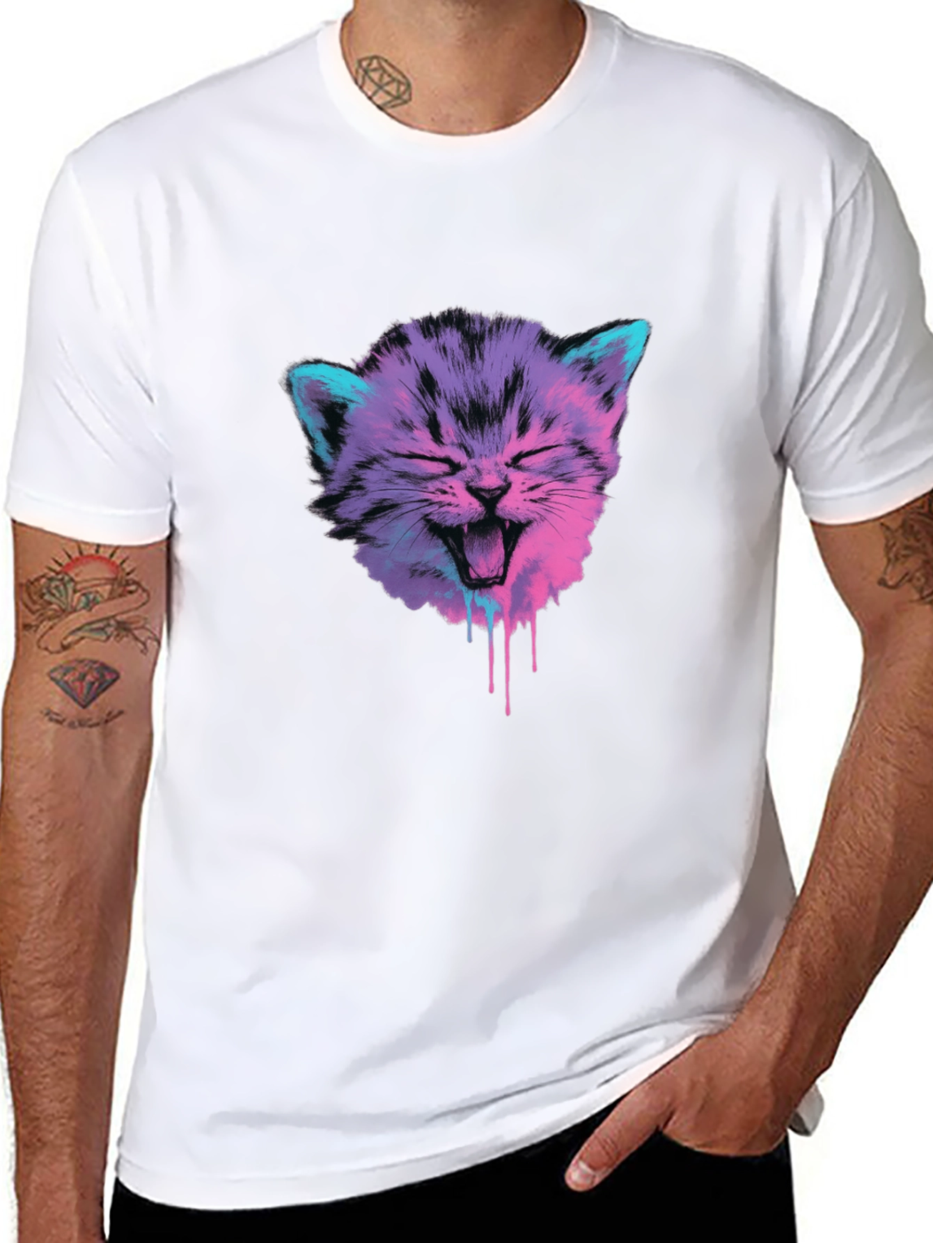 Vaporwave Cat Graphic Tee - Black Cotton Blend