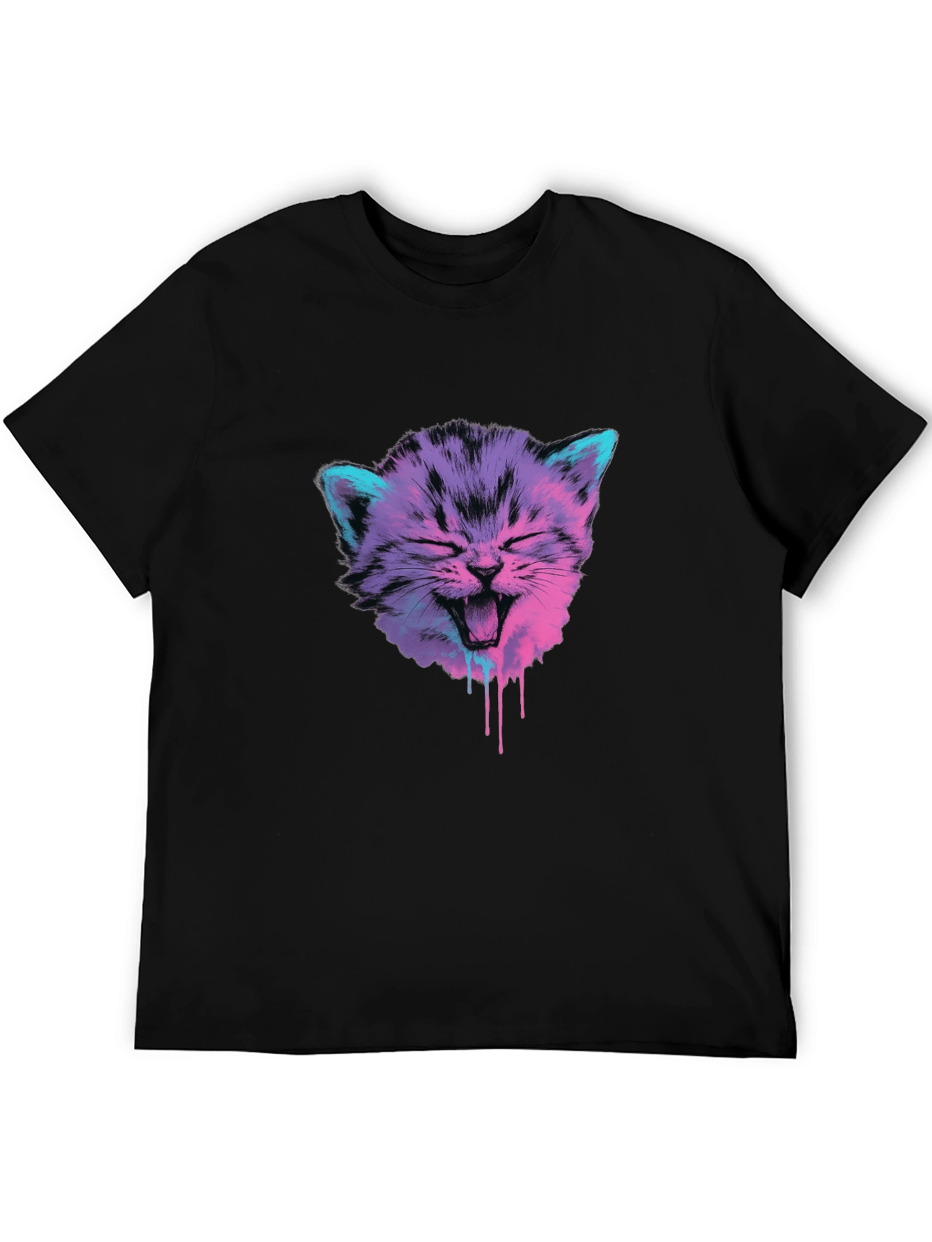 Vaporwave Cat Graphic Tee - Black Cotton Blend