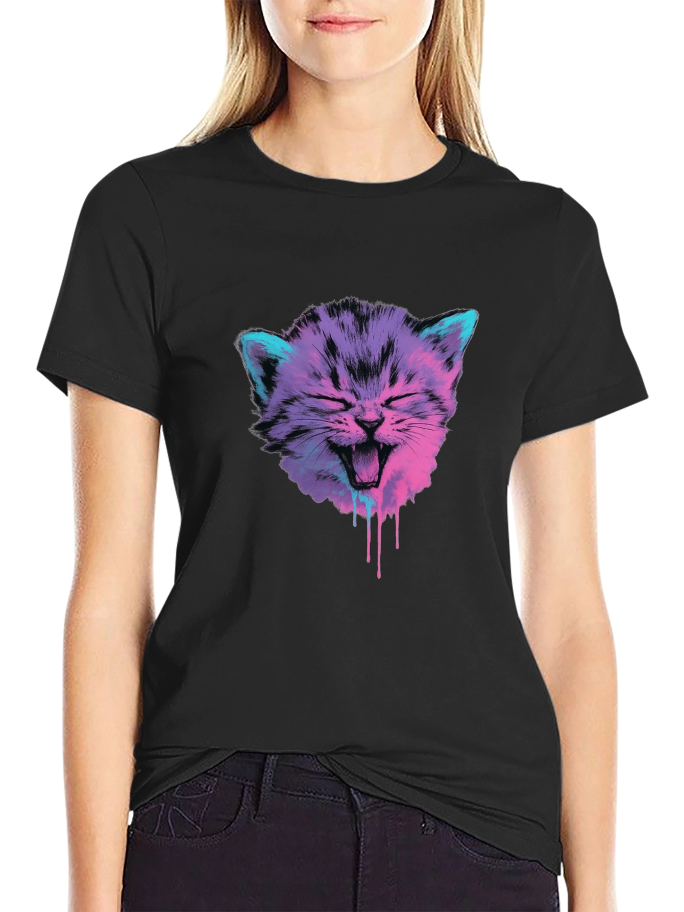 Vaporwave Cat Graphic Tee - Black Cotton Blend