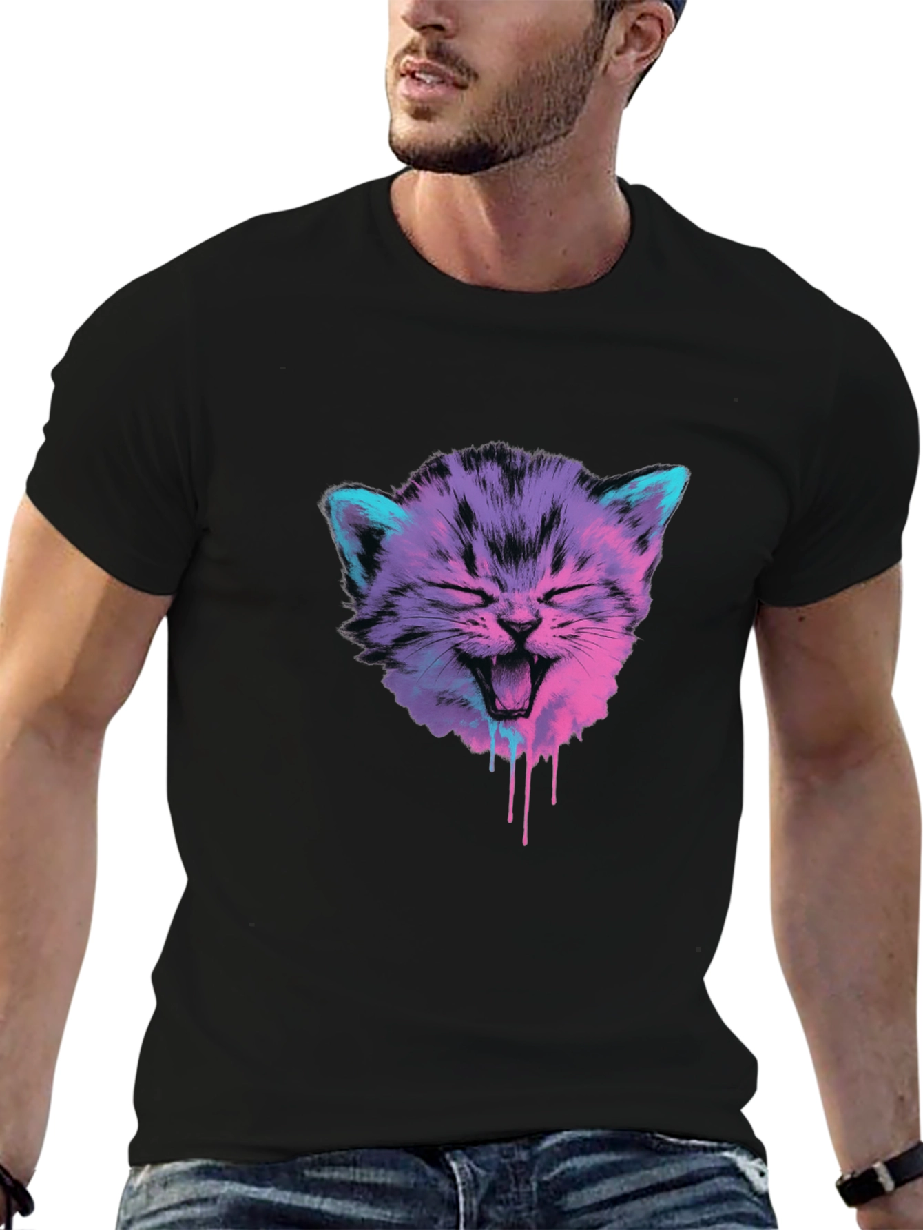 Vaporwave Cat Graphic Tee - Black Cotton Blend