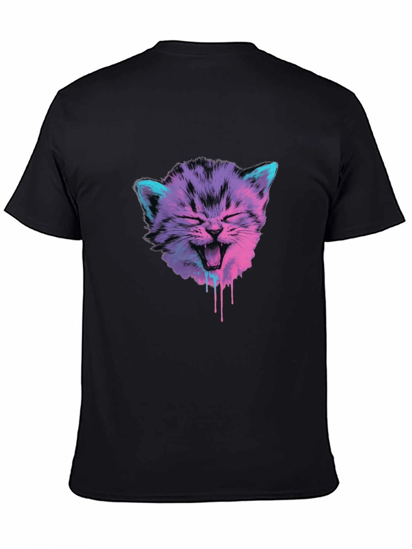 Vaporwave Cat Graphic Tee - Black Cotton Blend