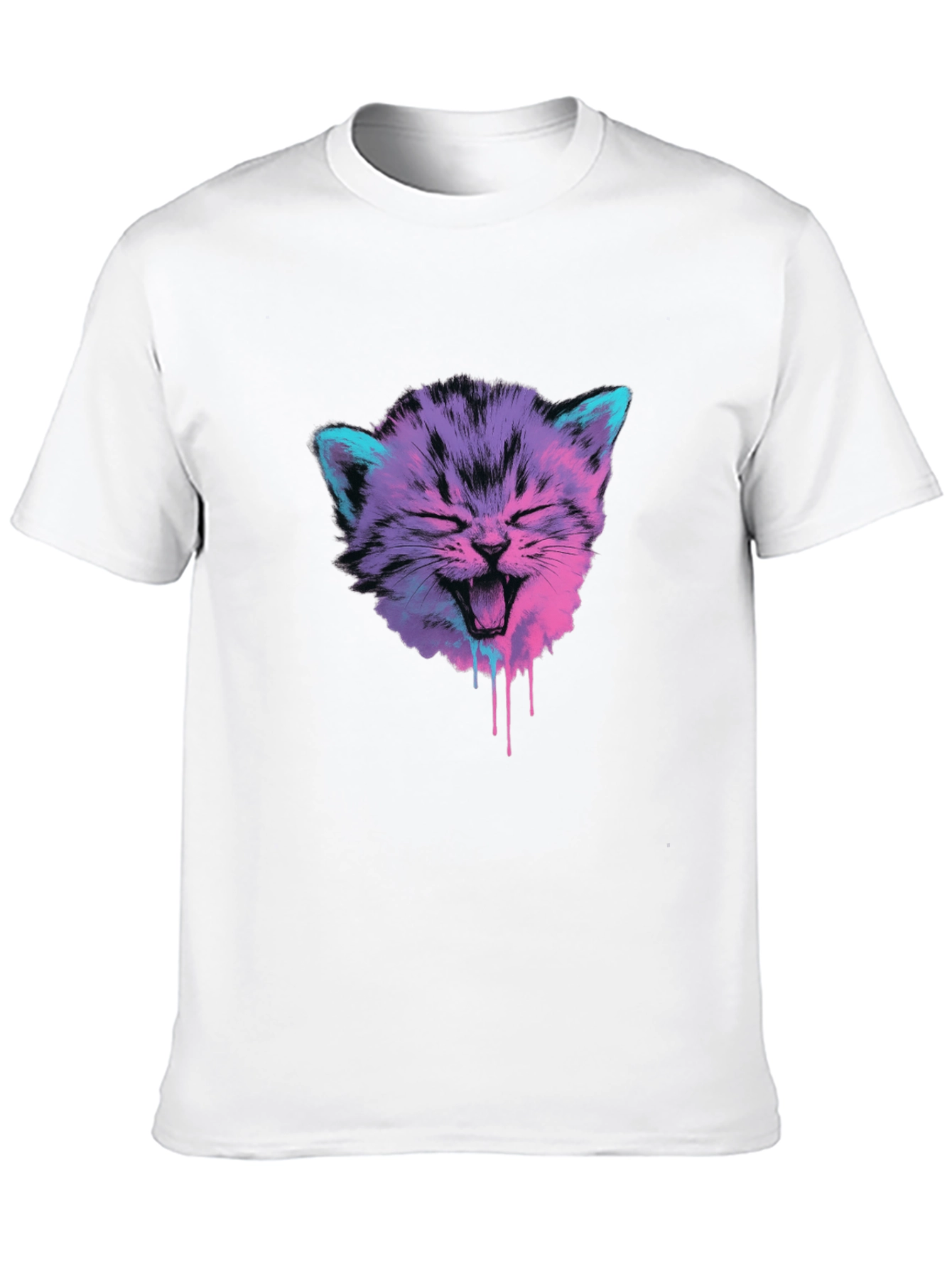 Vaporwave Cat Graphic Tee - Black Cotton Blend