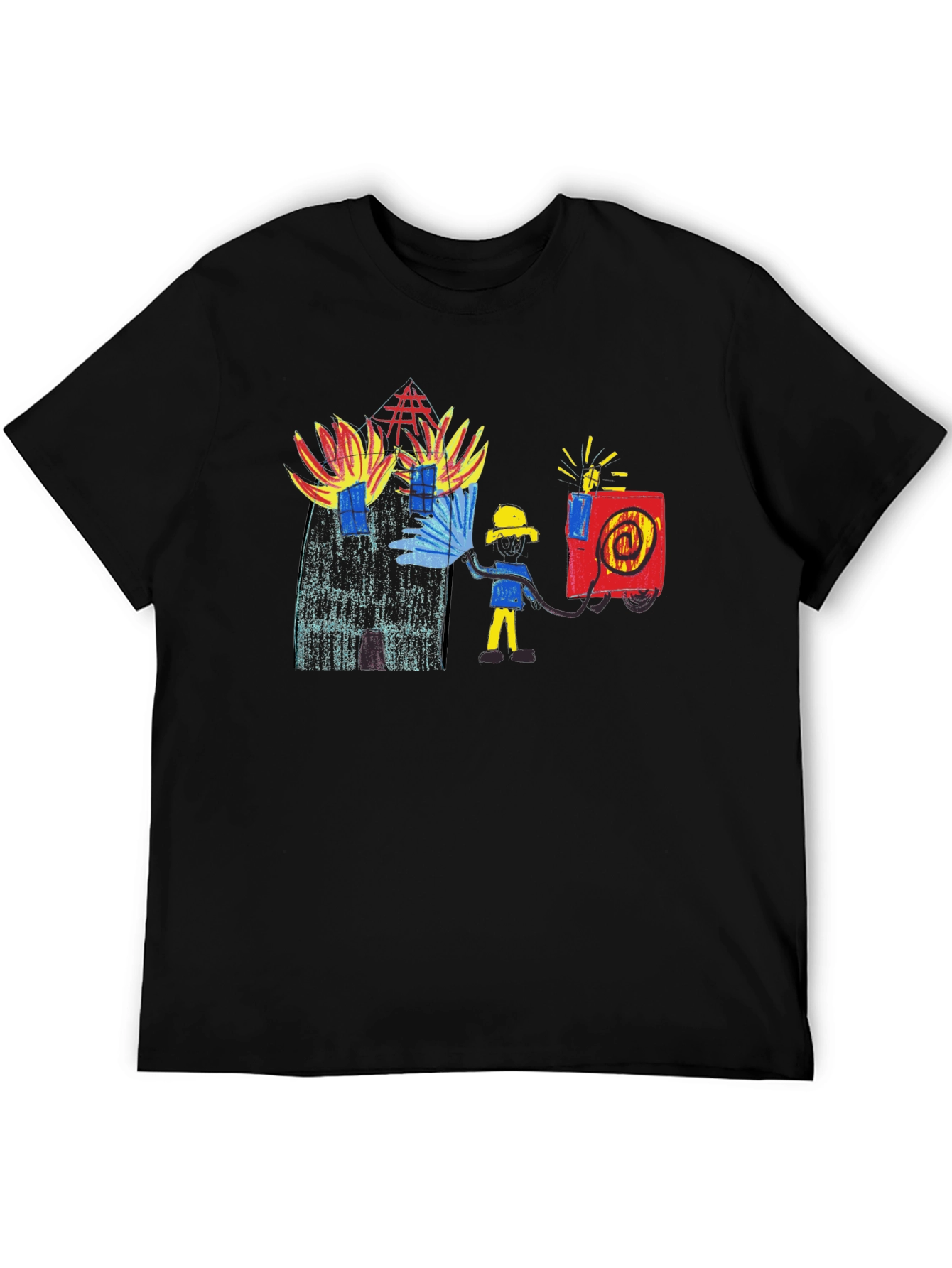 Fireman Drawing Graphic Black T-Shirt