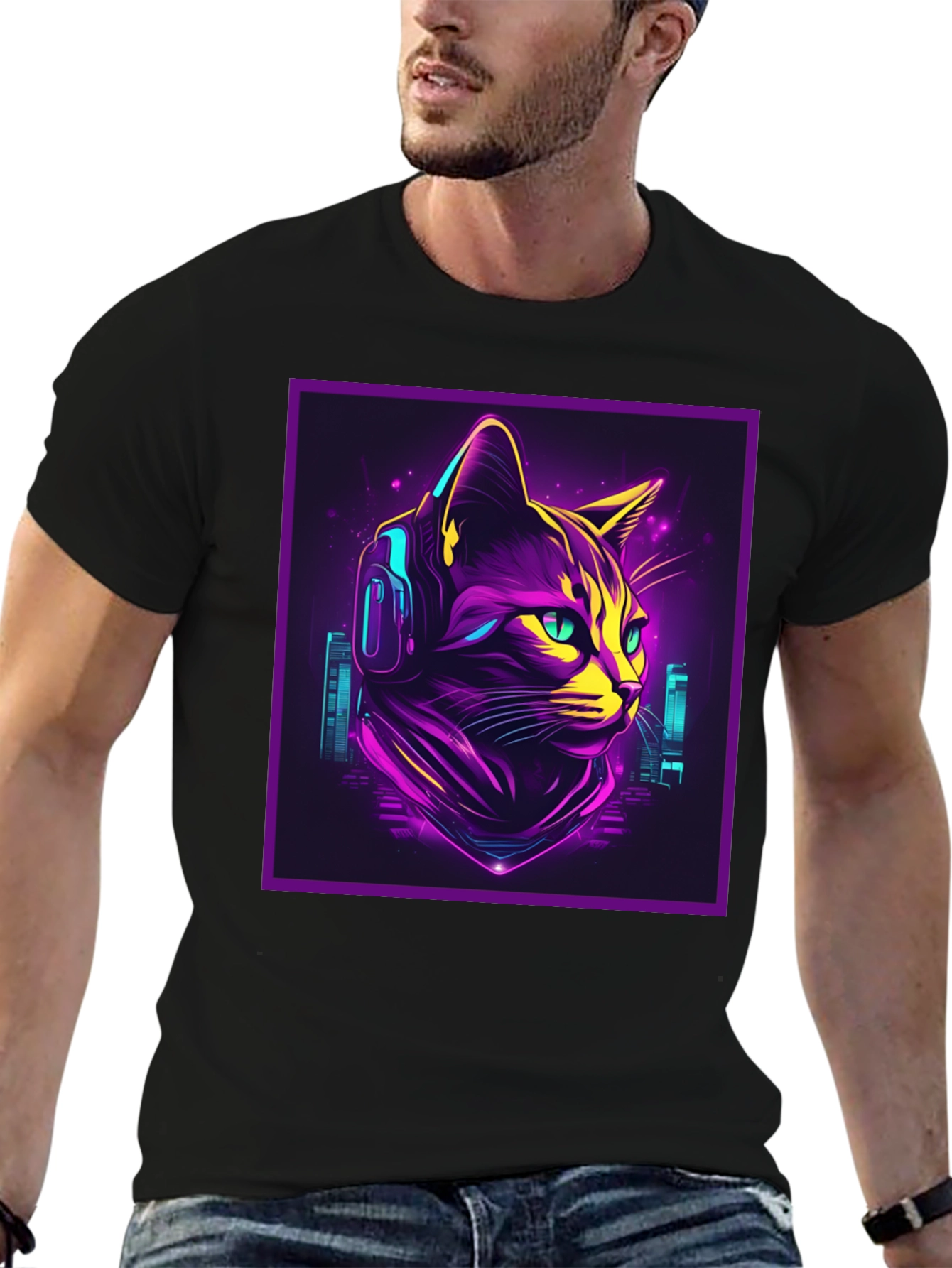 Cyberpunk Cat T-Shirt - Neon DJ Cat