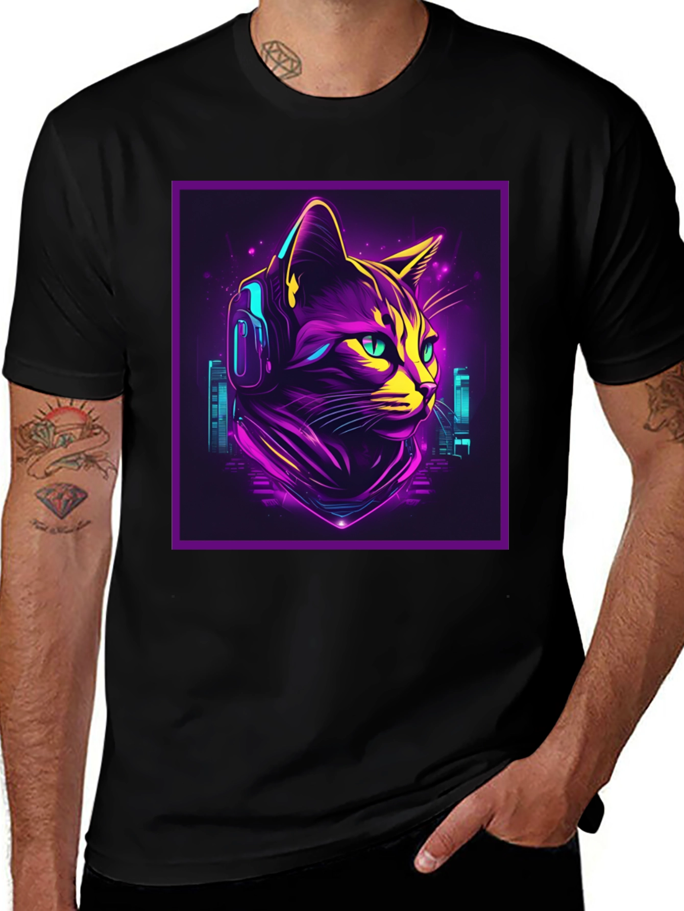 Cyberpunk Cat T-Shirt - Neon DJ Cat