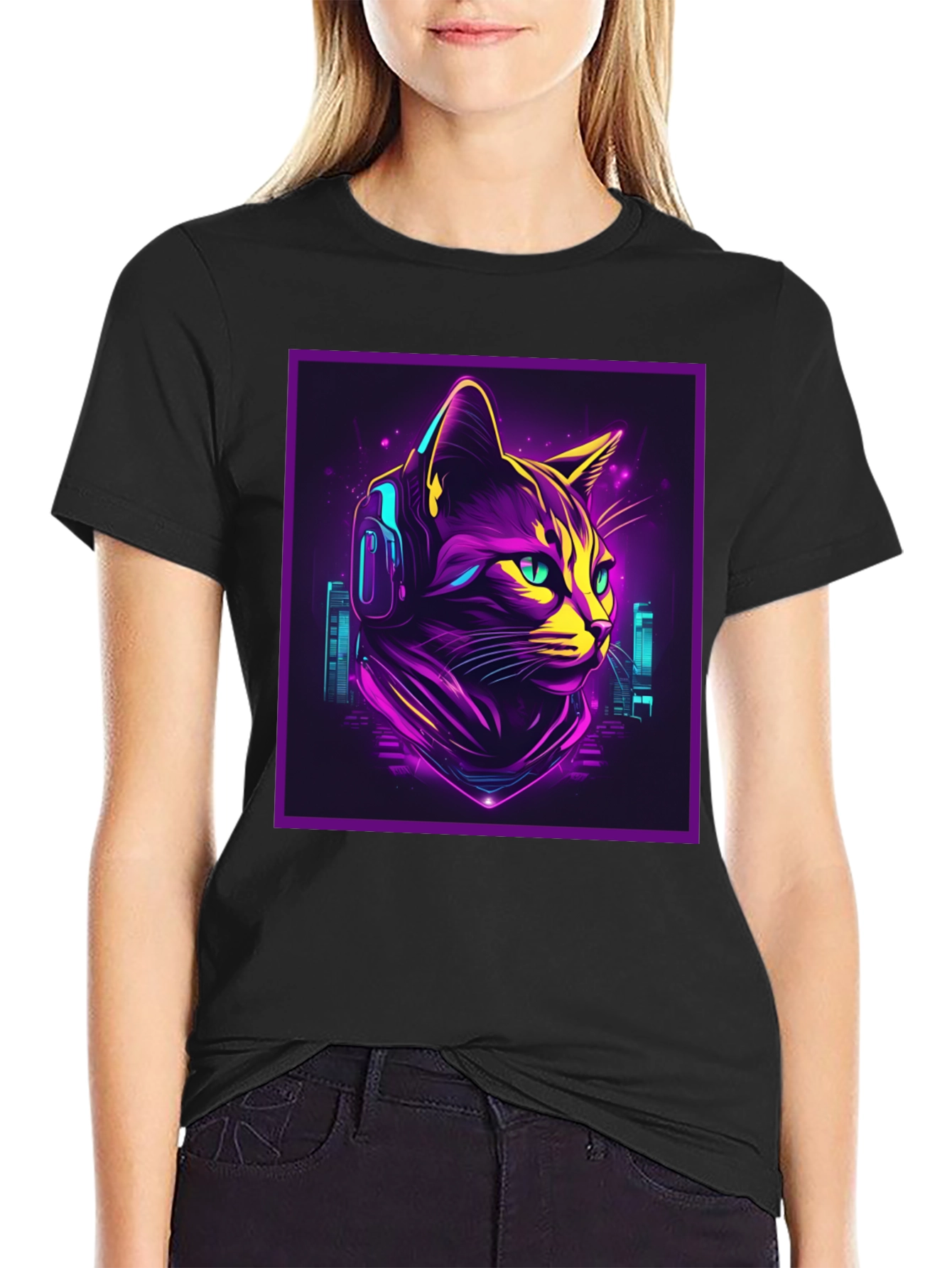 Cyberpunk Cat T-Shirt - Neon DJ Cat