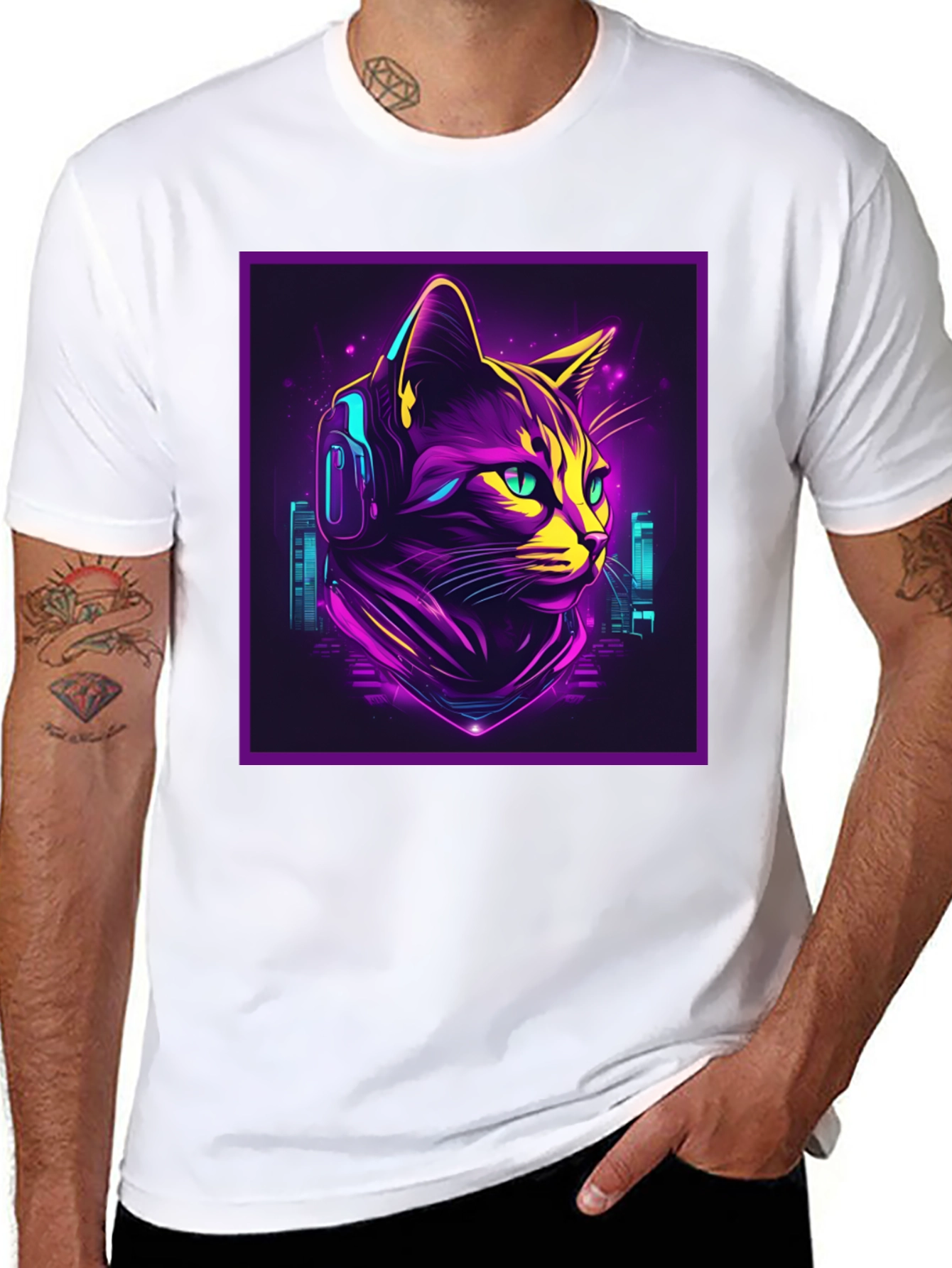 Cyberpunk Cat T-Shirt - Neon DJ Cat