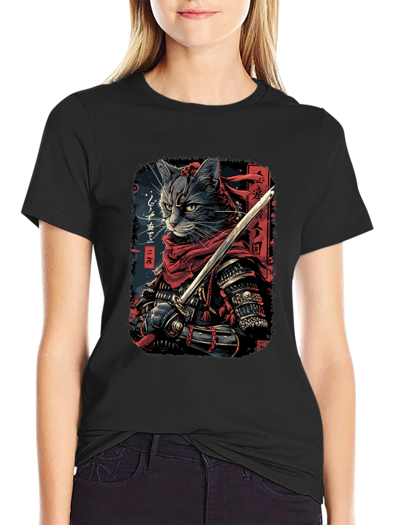 Samurai Cat Graphic Tee - Black