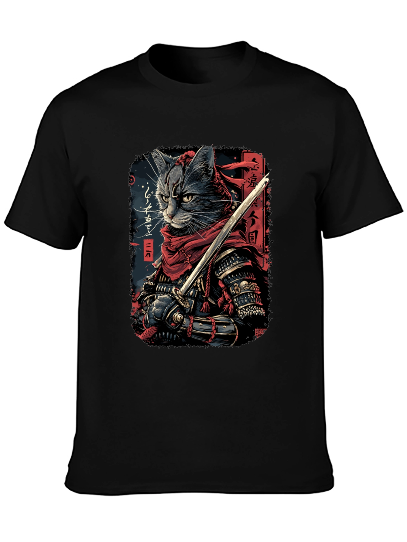 Samurai Cat Graphic Tee - Black