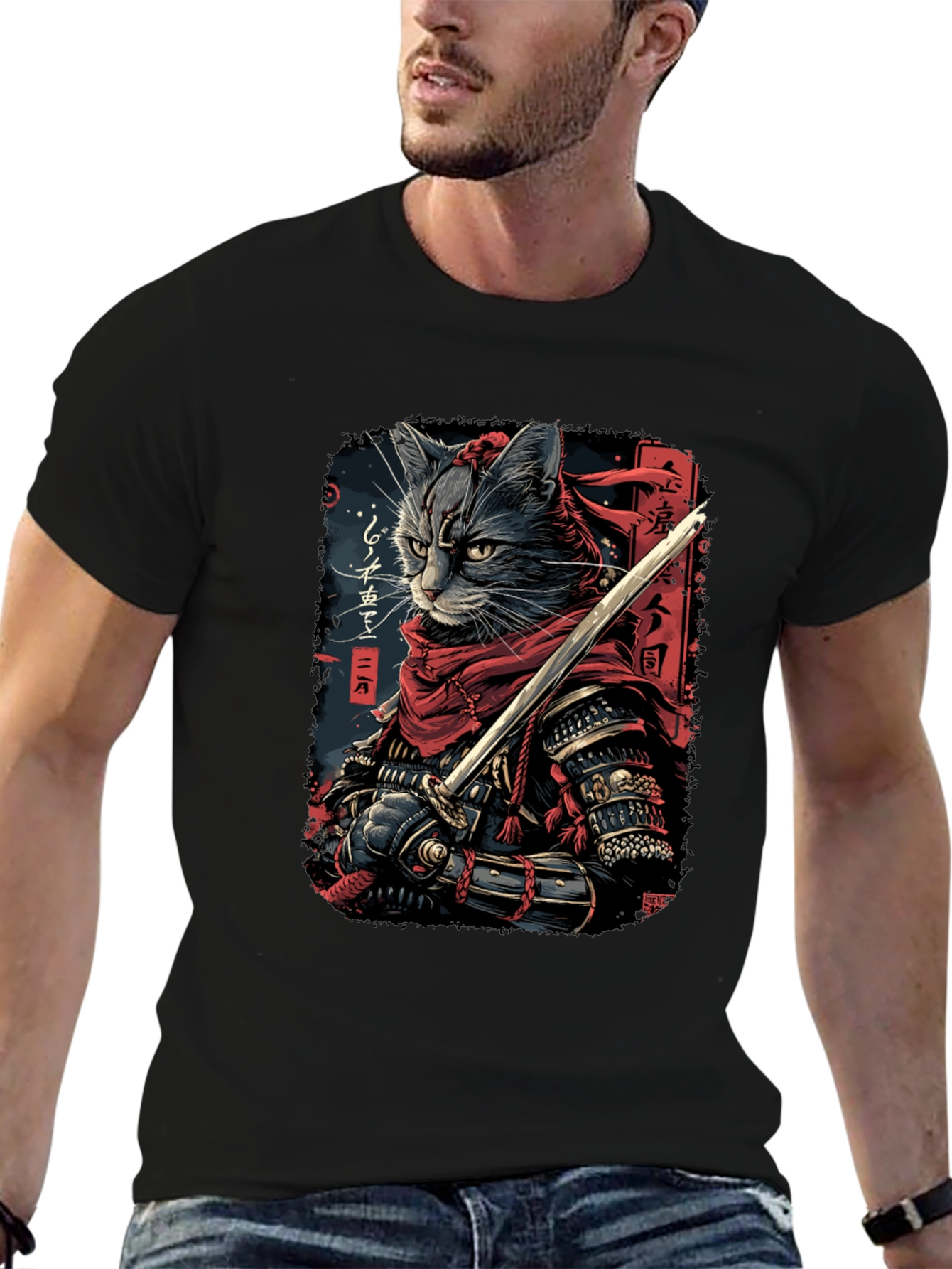 Samurai Cat Graphic Tee - Black