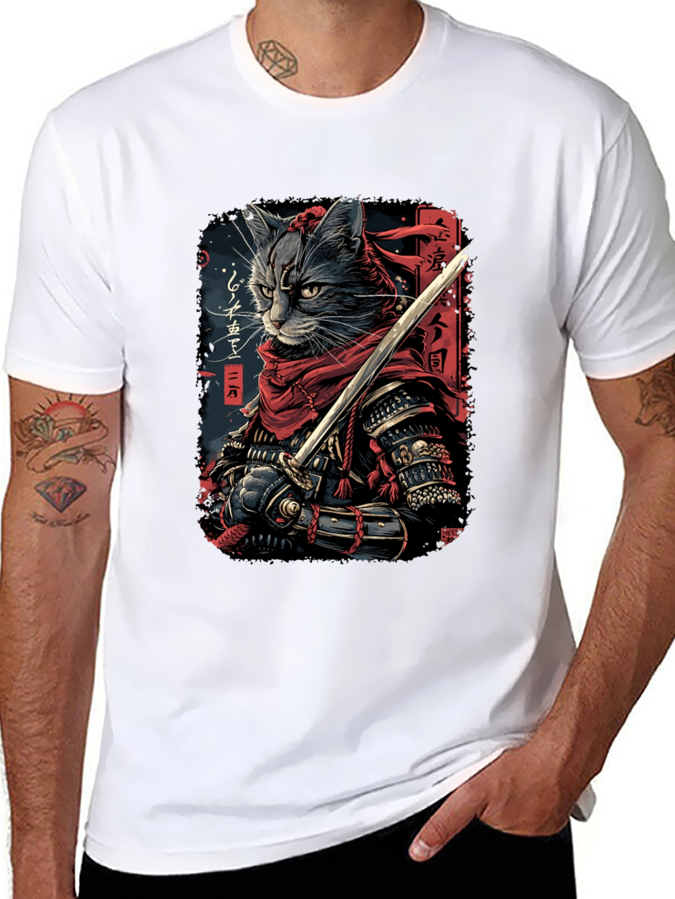 Samurai Cat Graphic Tee - Black