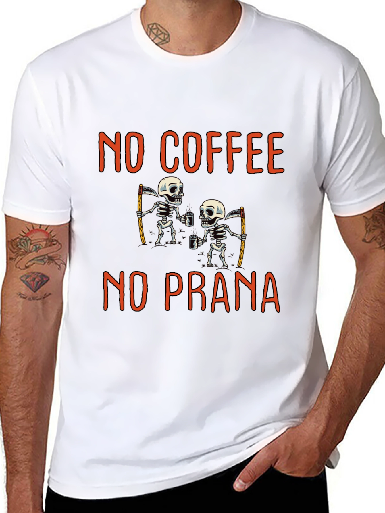 No Coffee No Prana T-Shirt: Funny Skeleton Grim Reapers