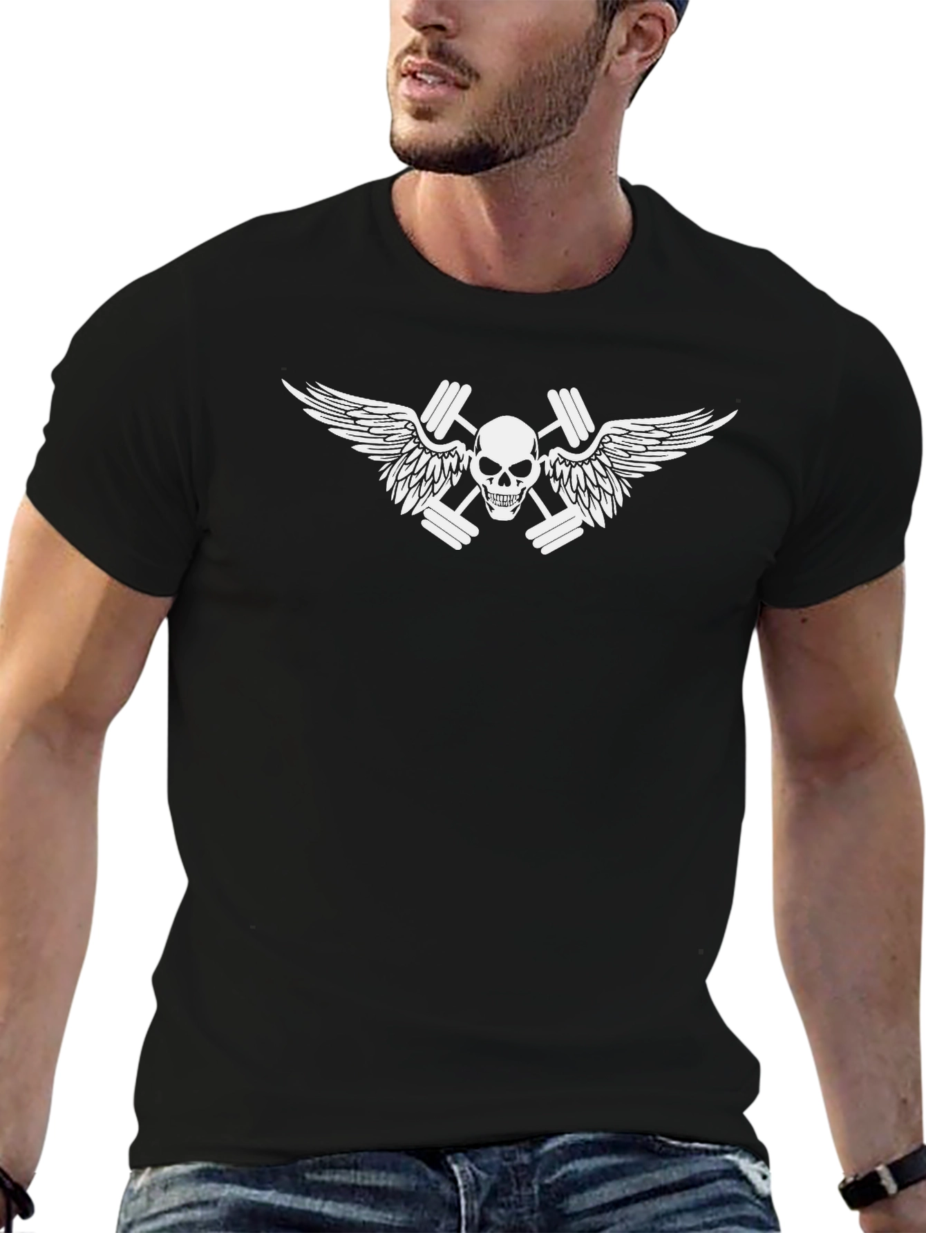 Skull & Dumbbell Wings Graphic T-Shirt - Black