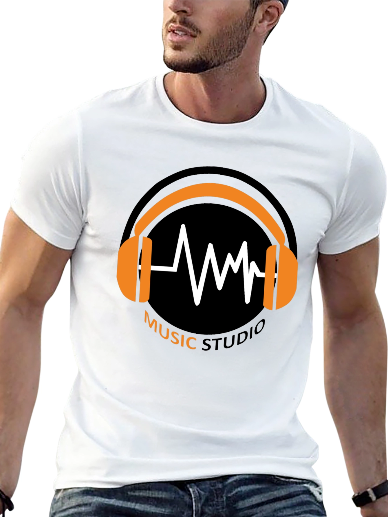 Music Studio Black T-Shirt with Headphone Graphic