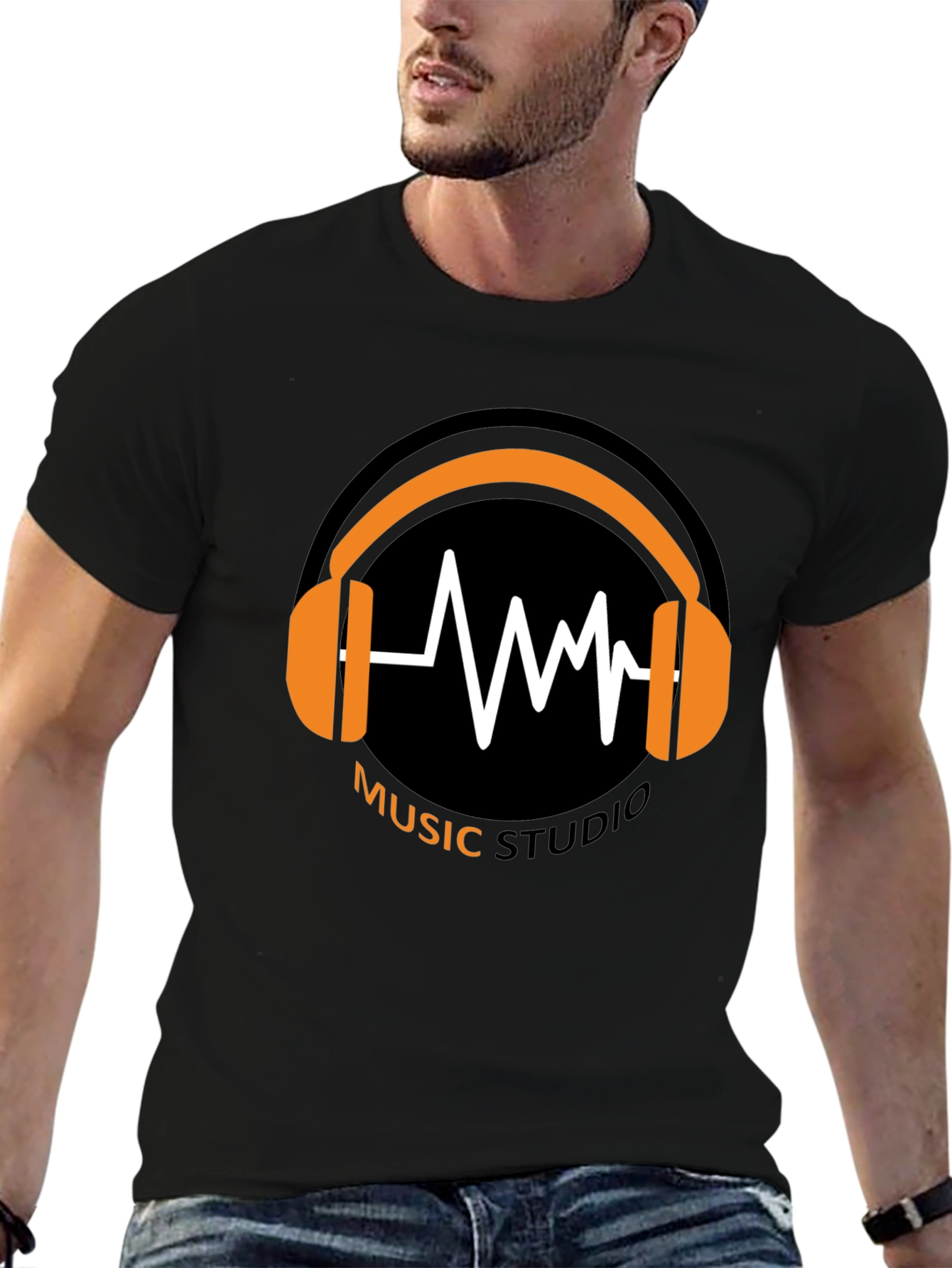 Music Studio Black T-Shirt with Headphone Graphic
