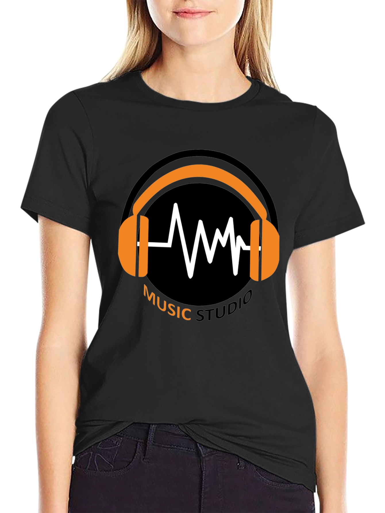 Music Studio Black T-Shirt with Headphone Graphic