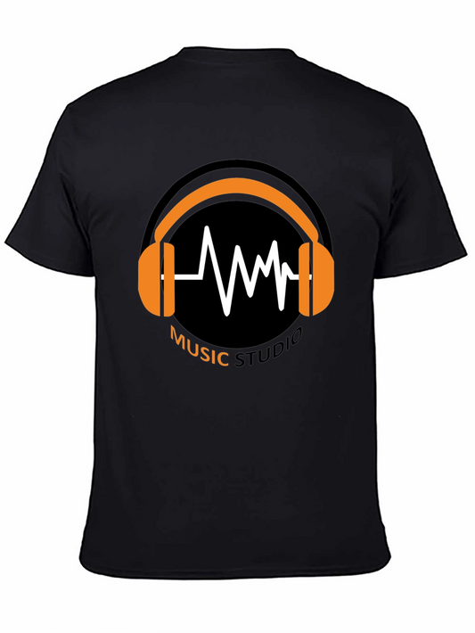 Music Studio Black T-Shirt with Headphone Graphic