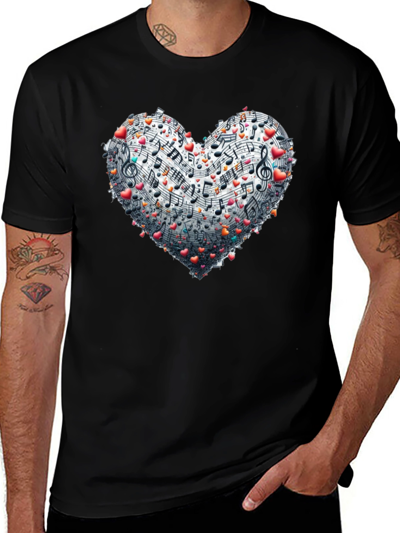 Music Heart Graphic Tee - Black Crew Neck T-Shirt