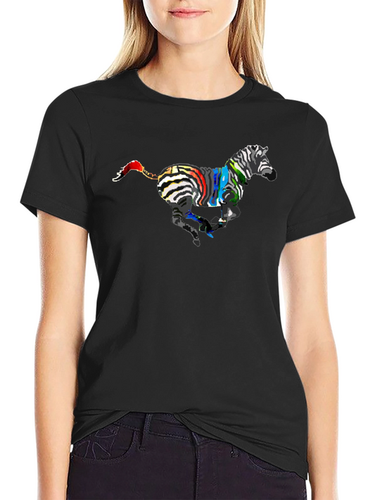 Colorful Zebra Graphic Tee - Black Cotton T-Shirt