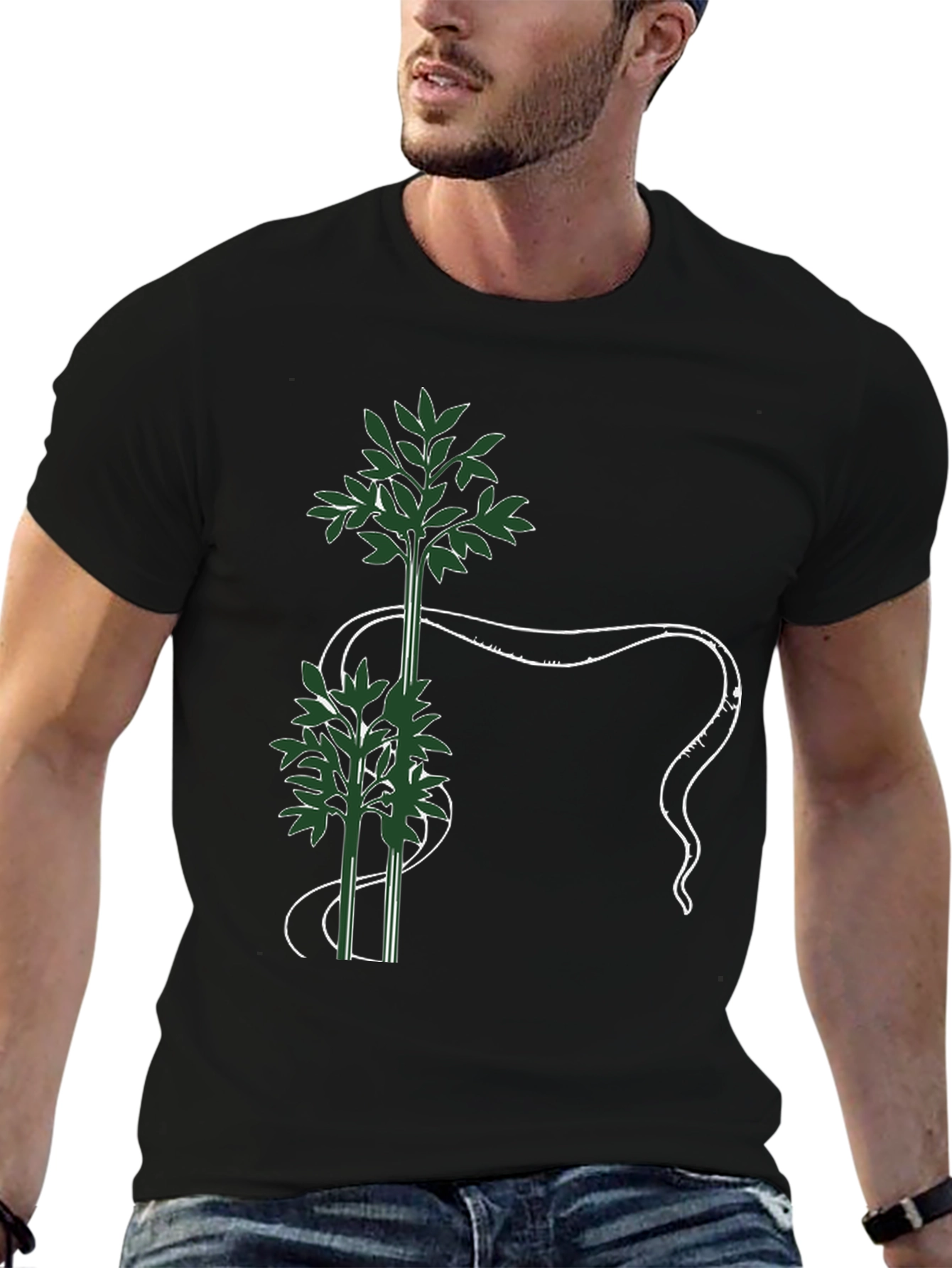 Botanical Print Black T-Shirt - Nature Inspired Graphic Tee