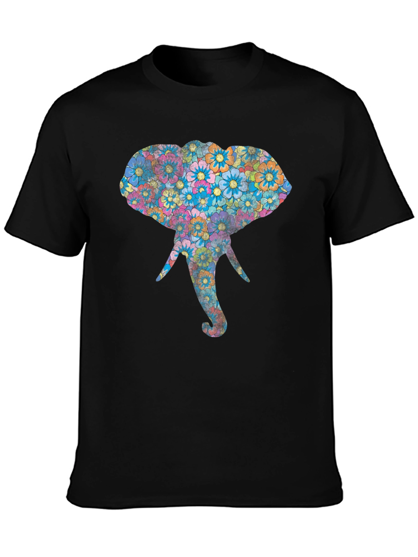 Floral Elephant Graphic Print Black T-Shirt