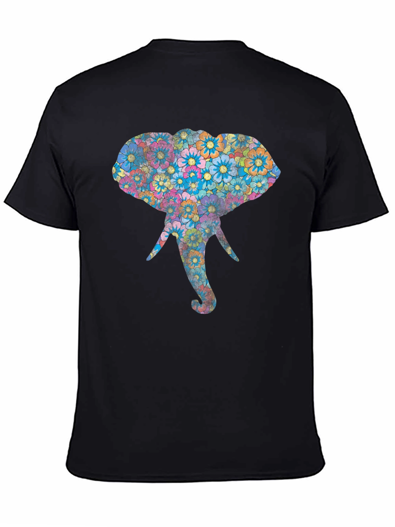 Floral Elephant Graphic Print Black T-Shirt