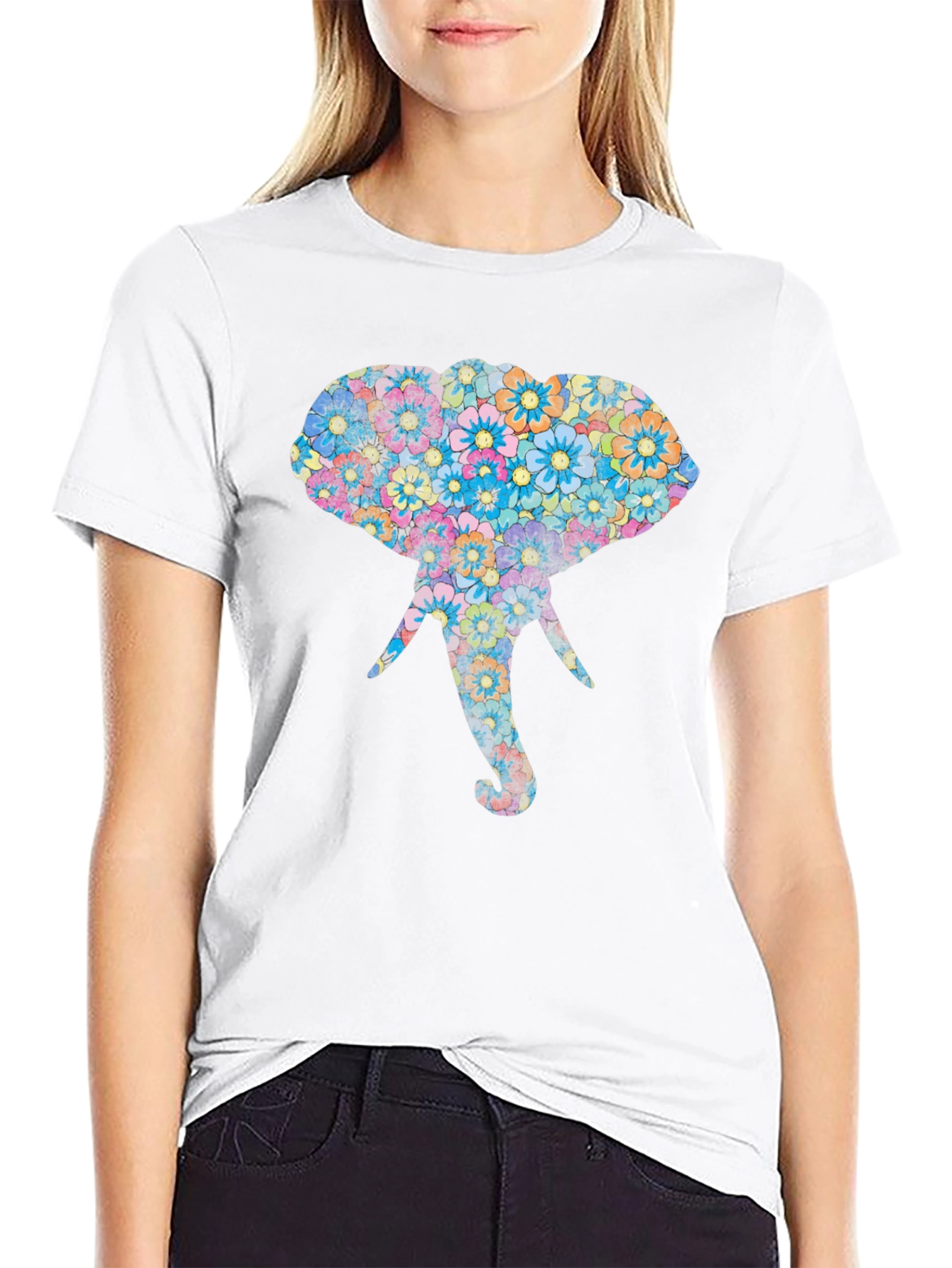 Floral Elephant Graphic Print Black T-Shirt