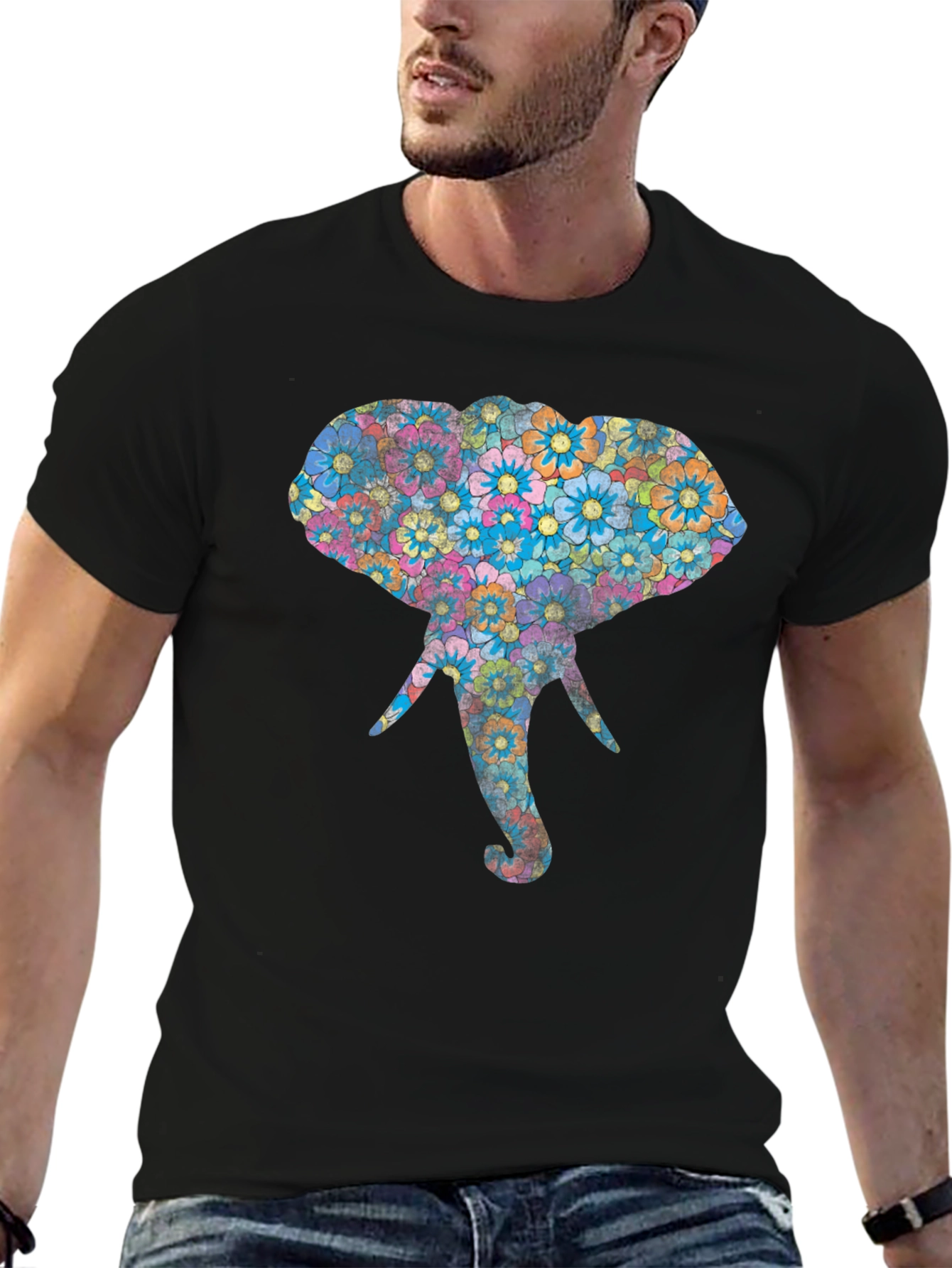 Floral Elephant Graphic Print Black T-Shirt