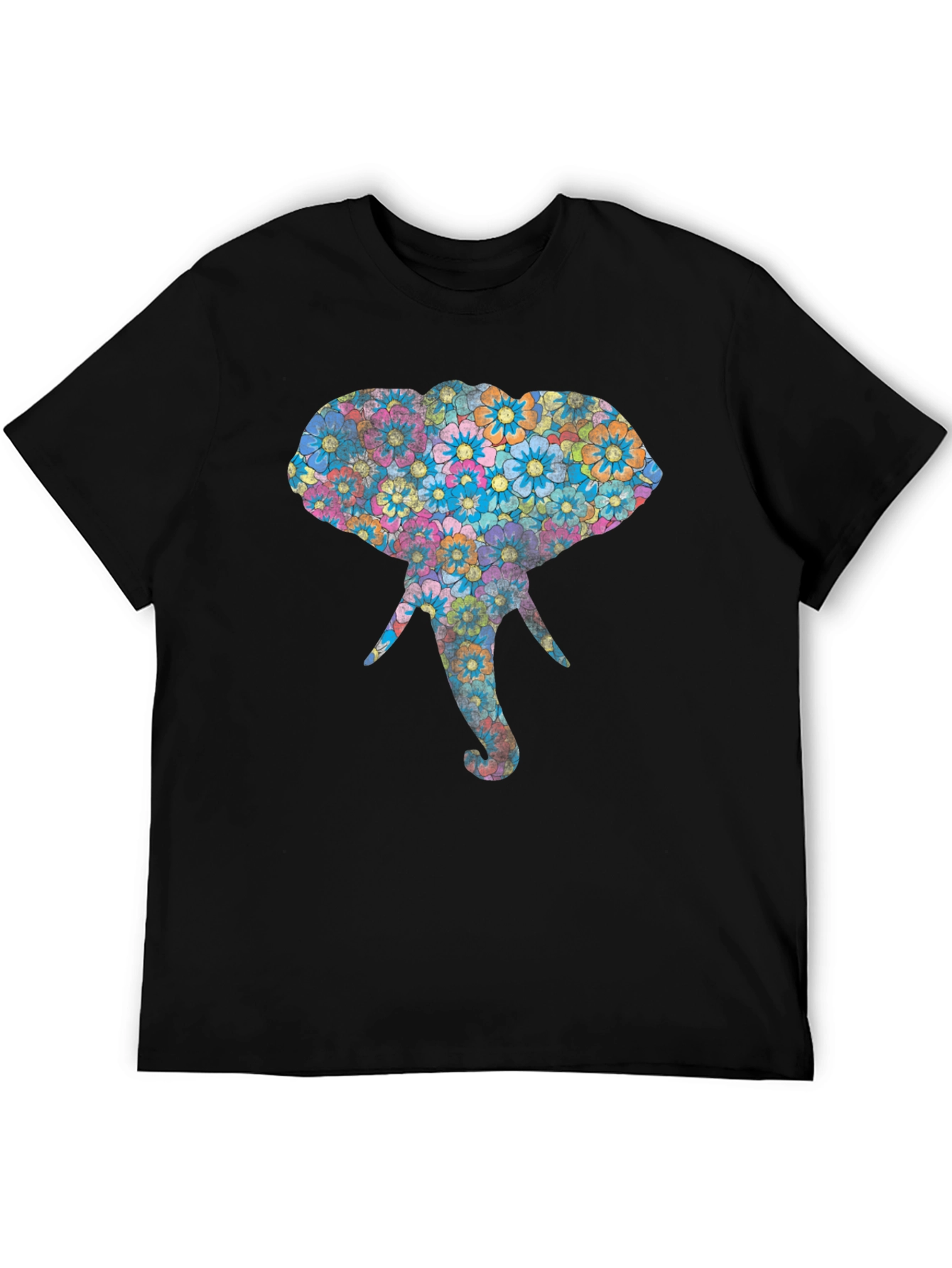 Floral Elephant Graphic Print Black T-Shirt
