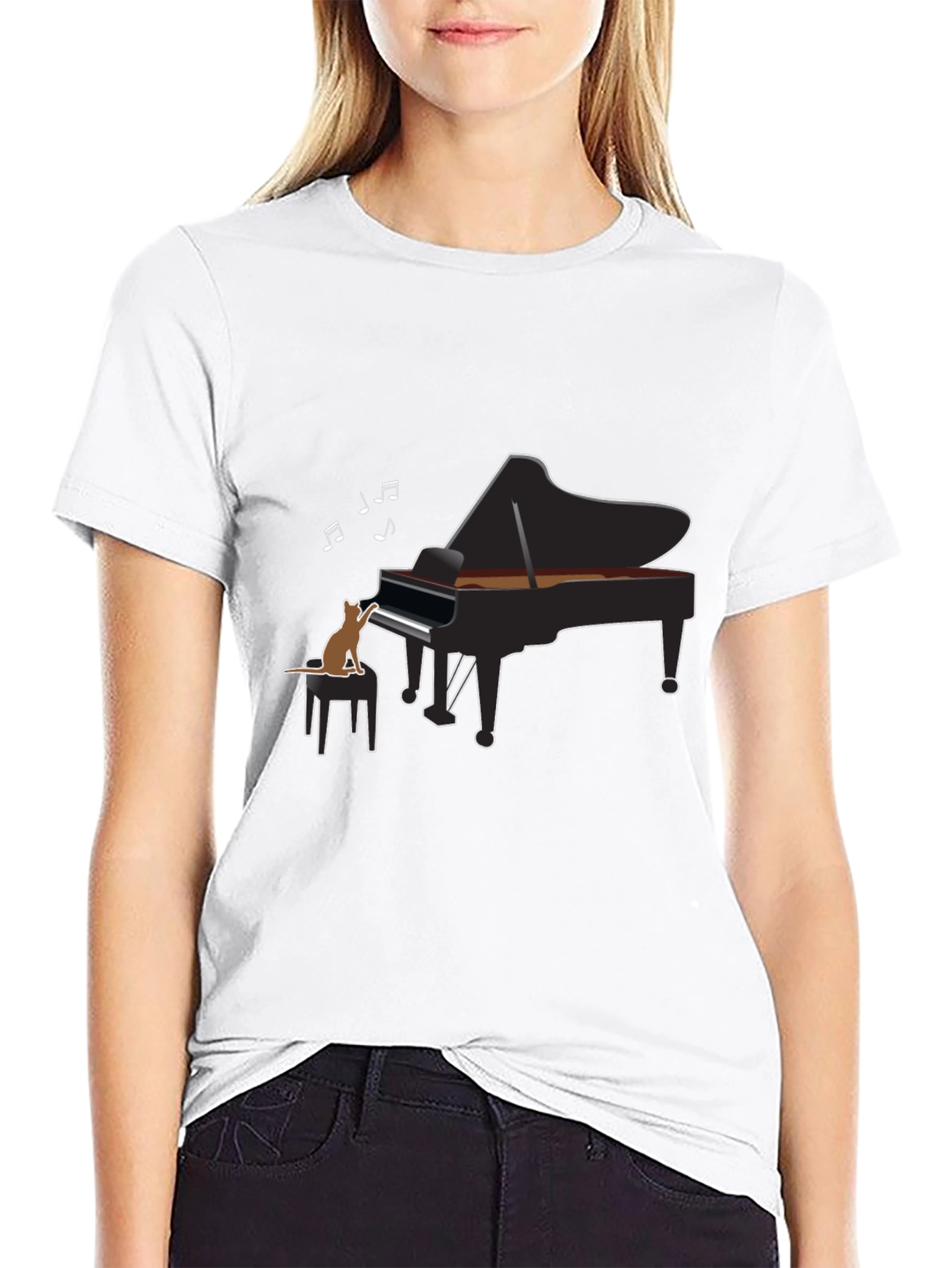 Cat Playing Piano Black T-Shirt - Music Lover Tee