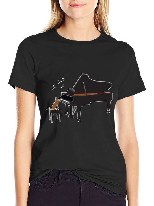Cat Playing Piano Black T-Shirt - Music Lover Tee