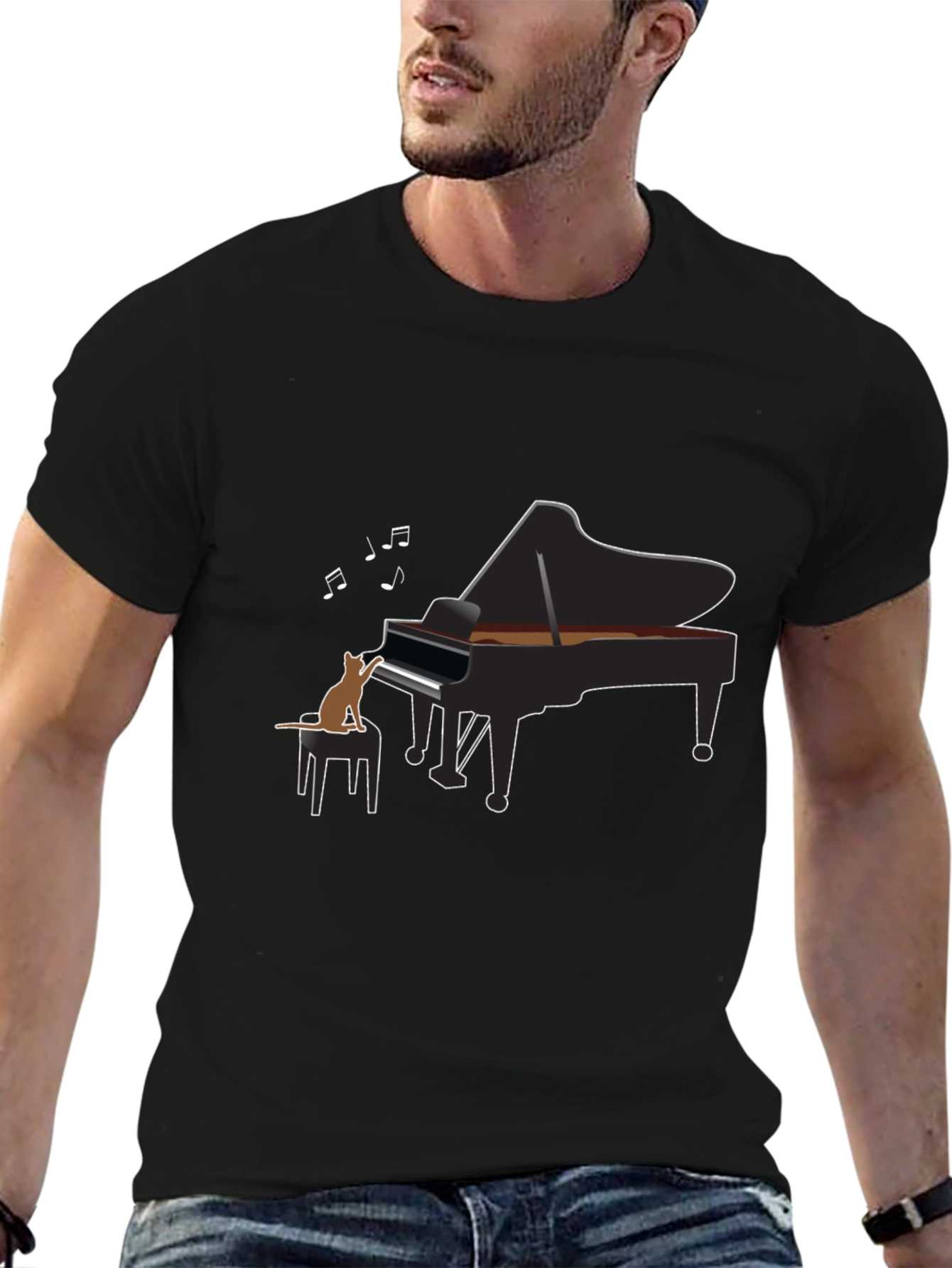 Cat Playing Piano Black T-Shirt - Music Lover Tee