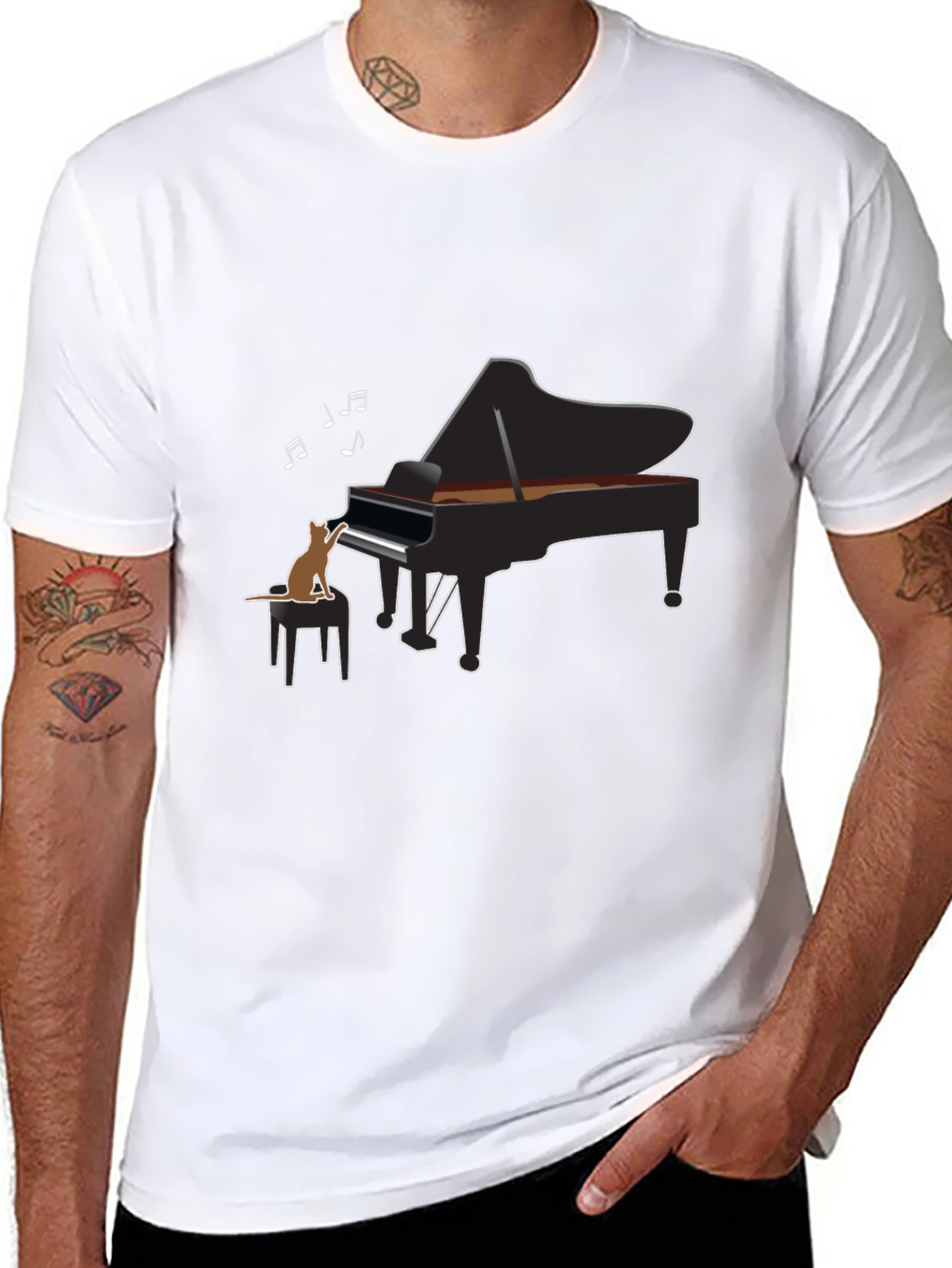 Cat Playing Piano Black T-Shirt - Music Lover Tee