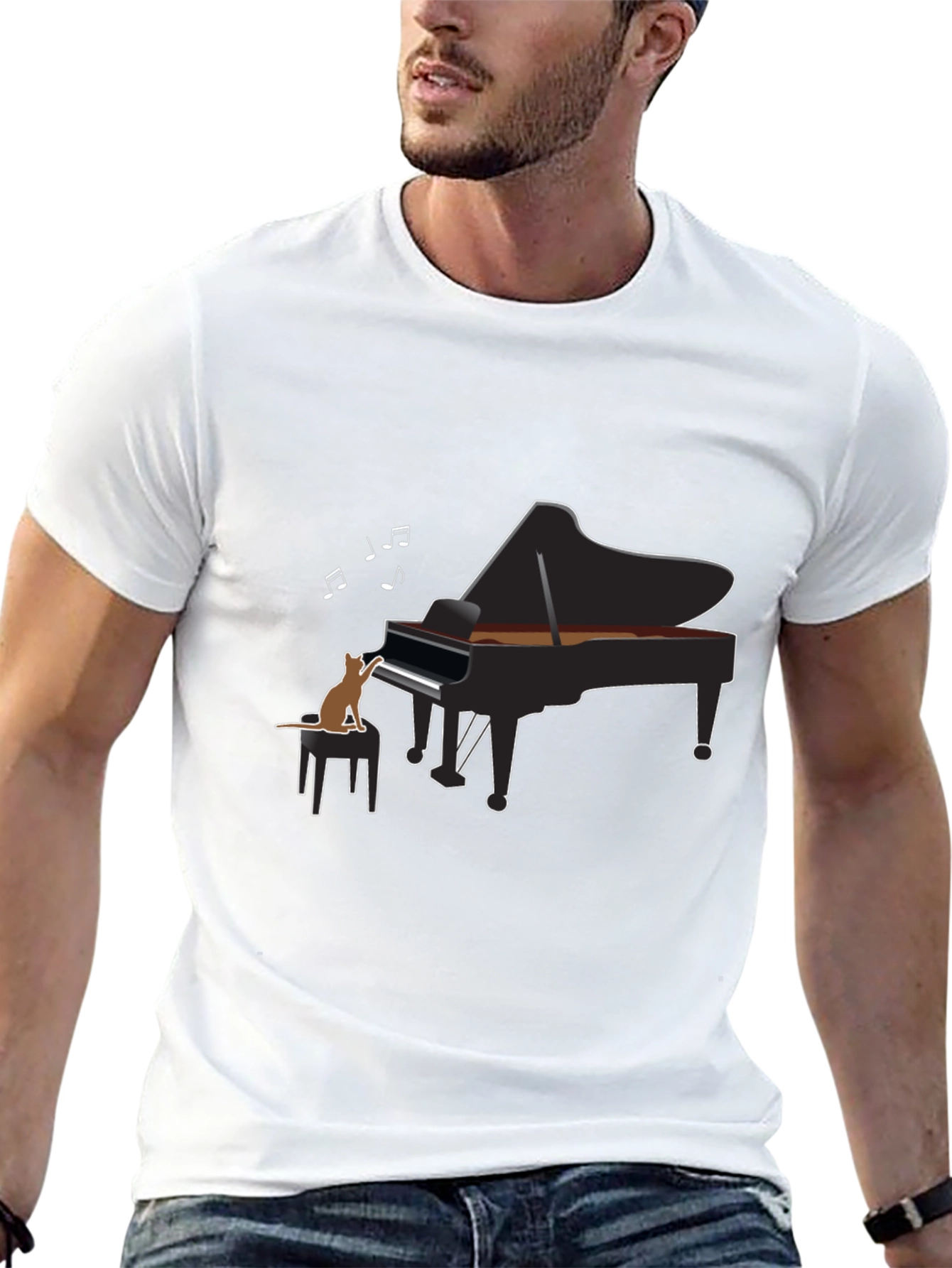 Cat Playing Piano Black T-Shirt - Music Lover Tee