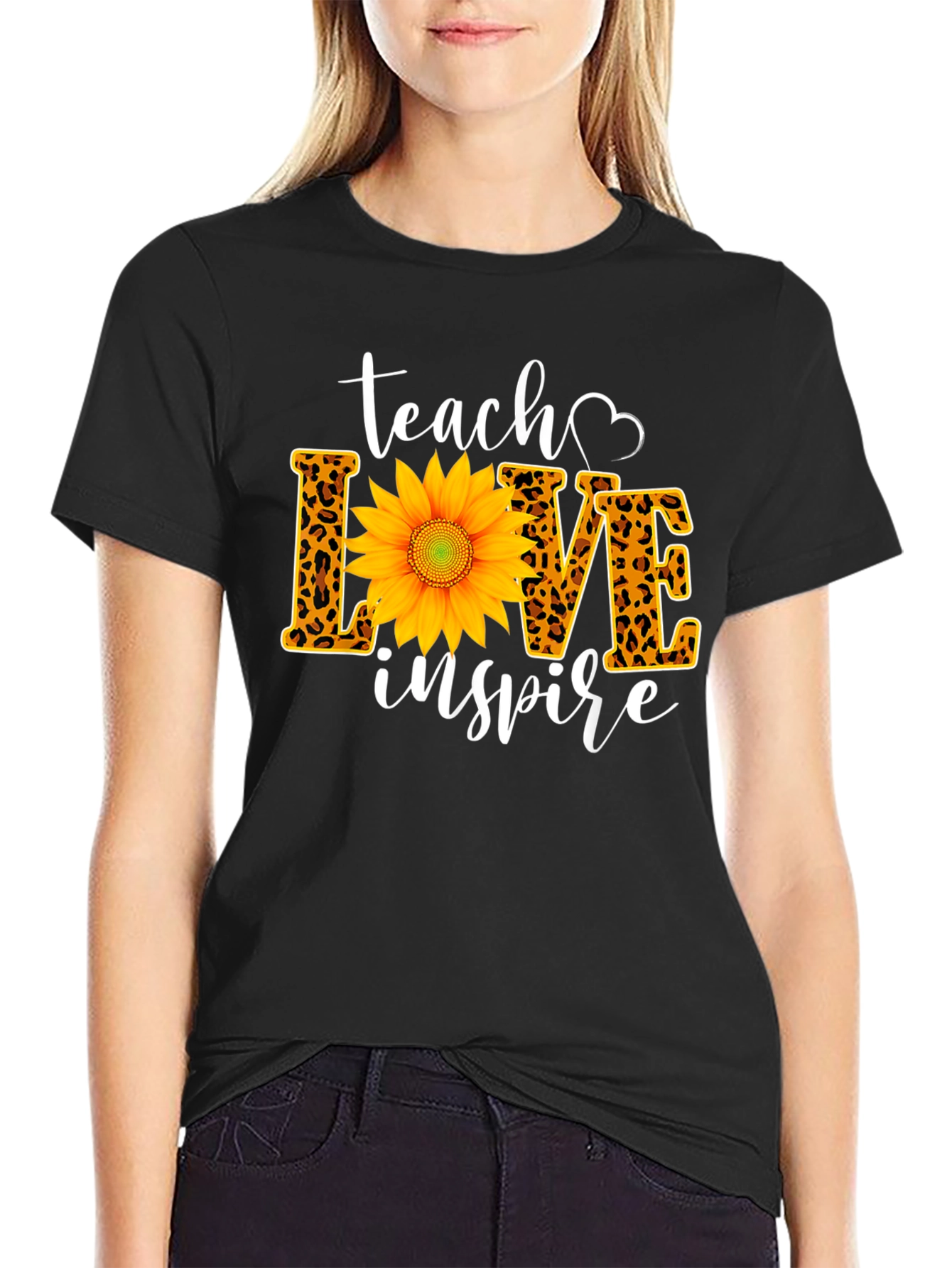 Teach Love Inspire Sunflower Leopard Print Tee