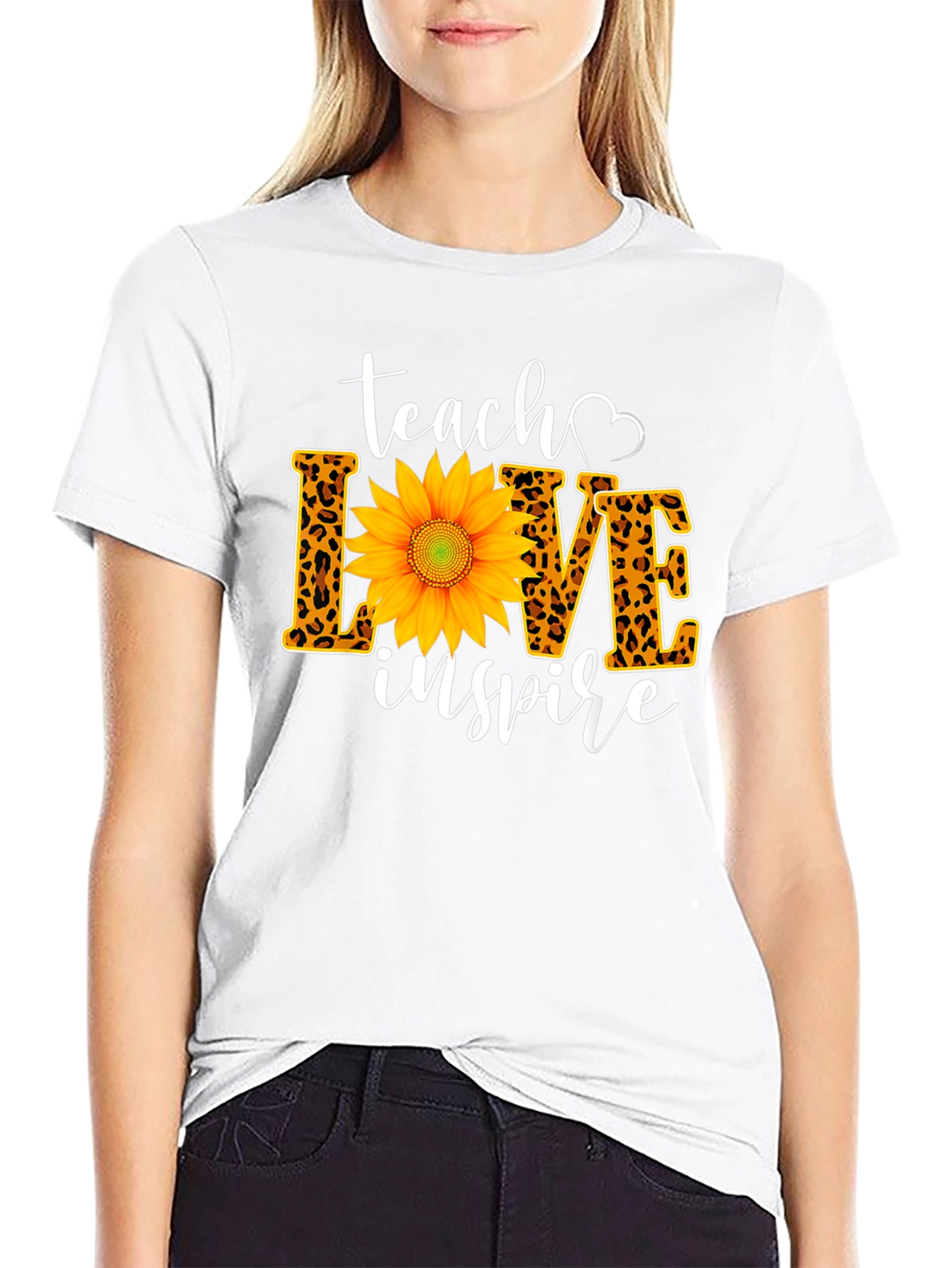 Teach Love Inspire Sunflower Leopard Print Tee