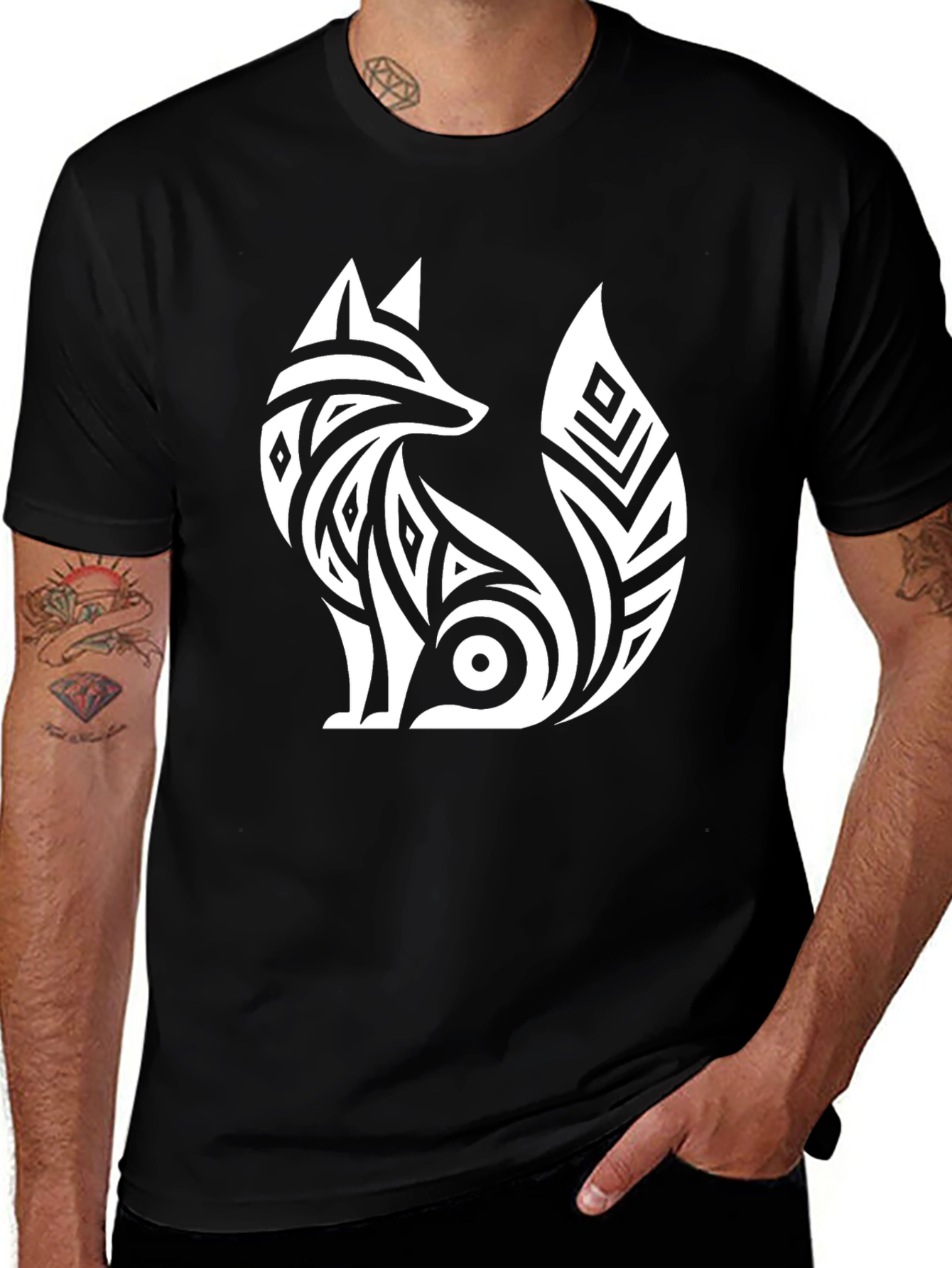 Tribal Fox Graphic T-Shirt - Black
