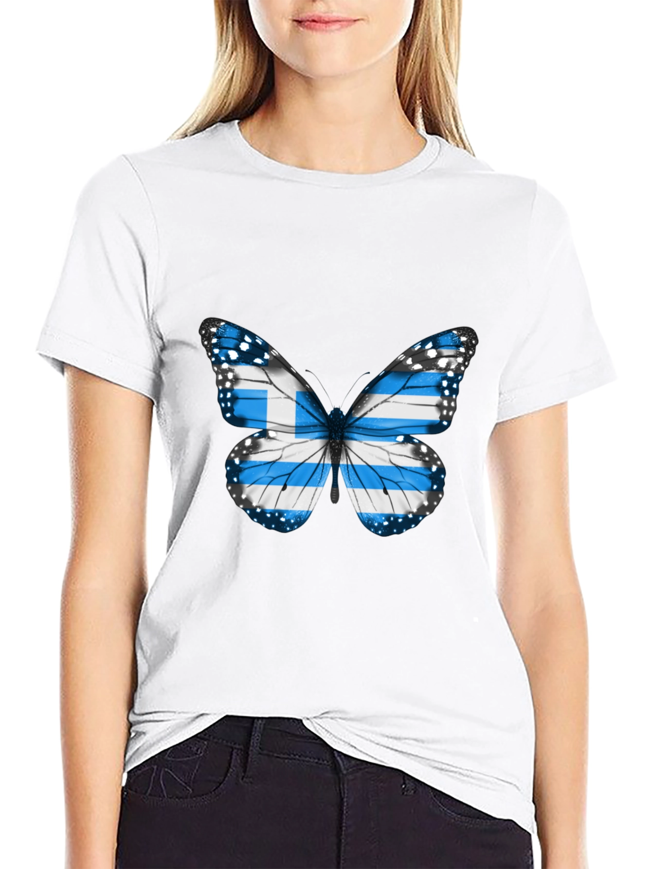 Greek Flag Butterfly Black T-Shirt