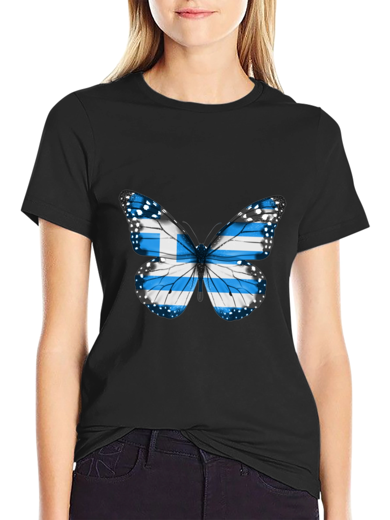 Greek Flag Butterfly Black T-Shirt